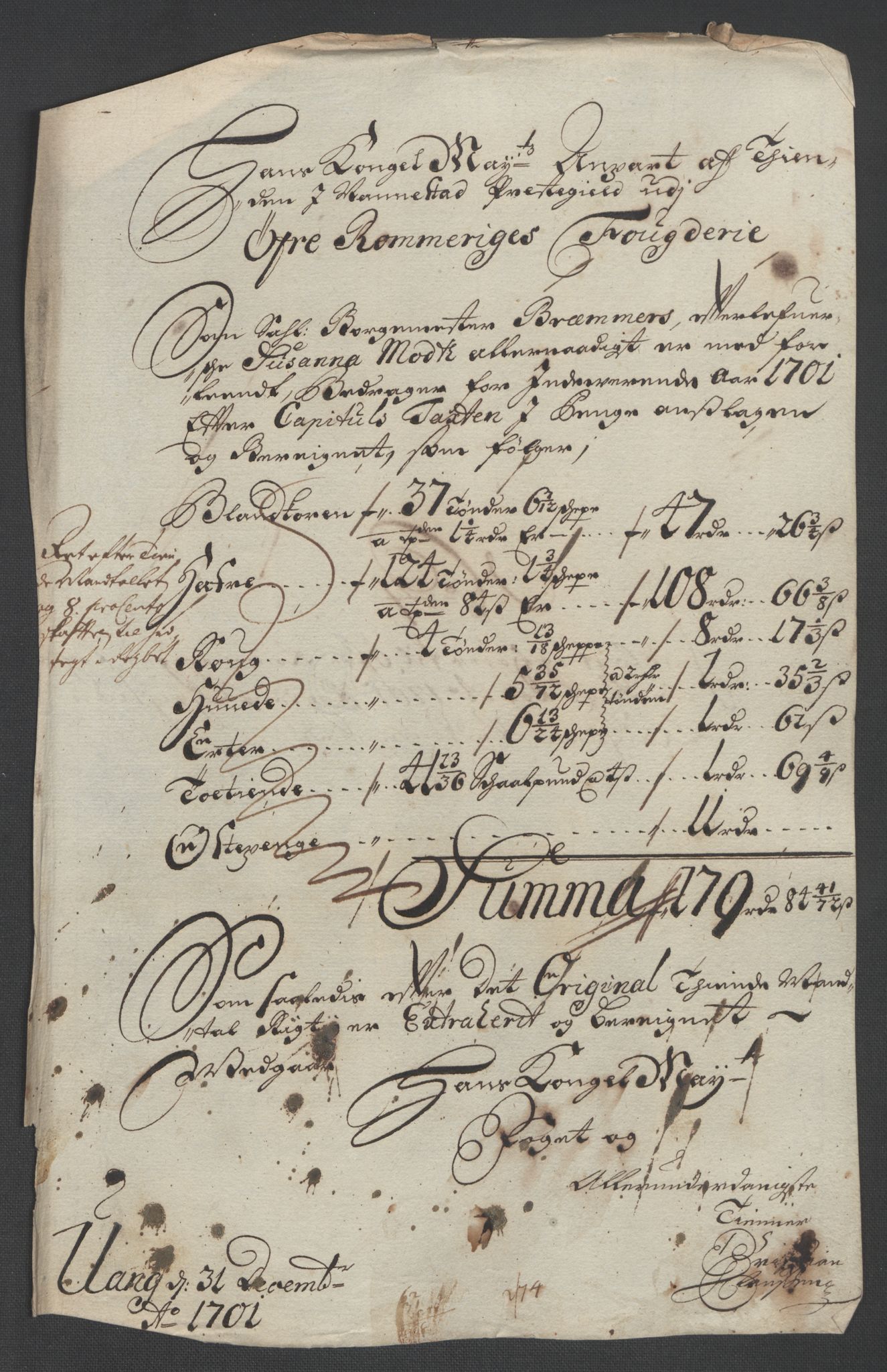 Rentekammeret inntil 1814, Reviderte regnskaper, Fogderegnskap, RA/EA-4092/R12/L0713: Fogderegnskap Øvre Romerike, 1701, s. 64