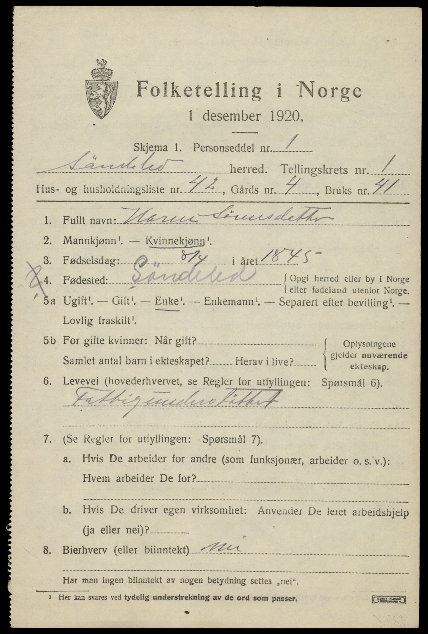 SAK, Folketelling 1920 for 0913 Søndeled herred, 1920, s. 1713