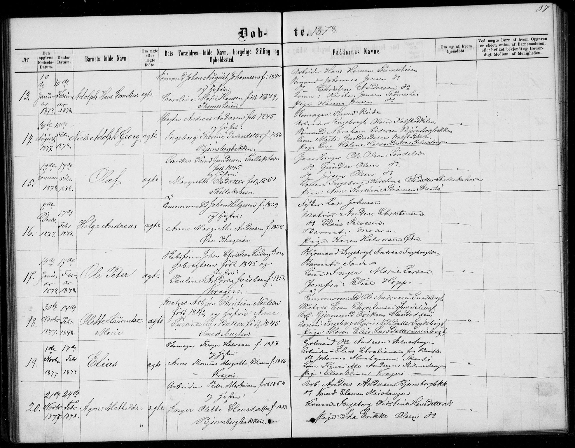 Kragerø kirkebøker, AV/SAKO-A-278/G/Ga/L0006: Klokkerbok nr. 6, 1876-1881, s. 37