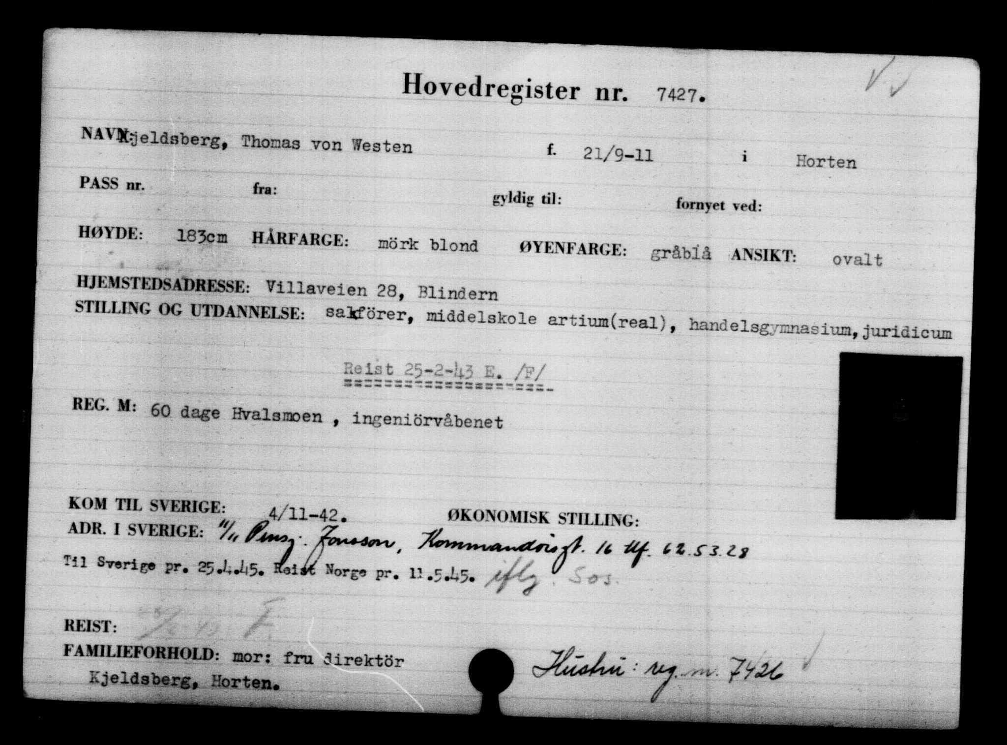 Utenriksstasjonene, Legasjonen i Stockholm, Flyktningkontoret, AV/RA-S-6753/V/Va/L0005: Kjesäterkartoteket, flyktning nr. 6600-9417, 1940-1945, s. 969