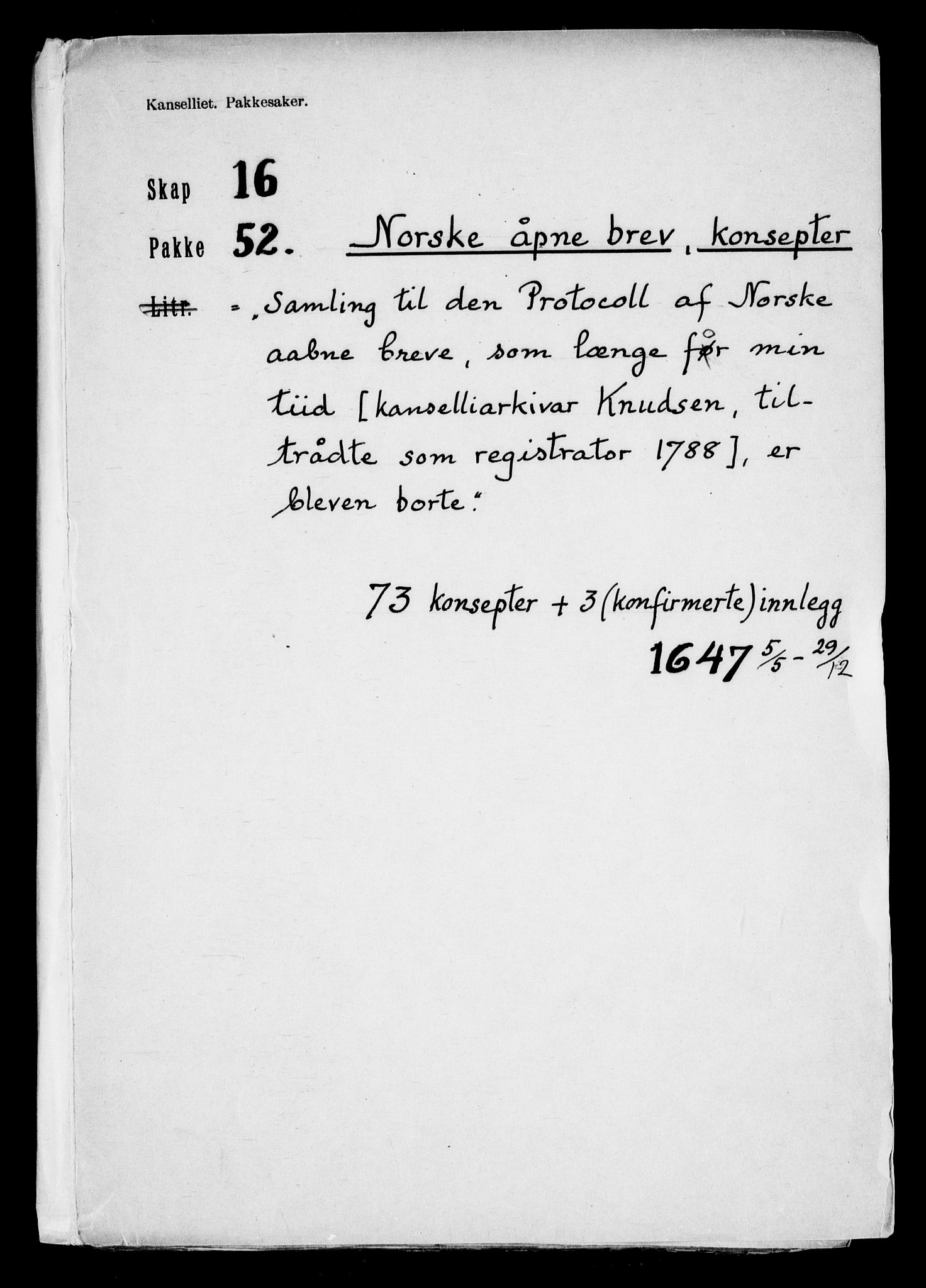 Danske Kanselli, Skapsaker, RA/EA-4061/F/L0120: Skap 16, pakke 52-59, 1615-1750, s. 2