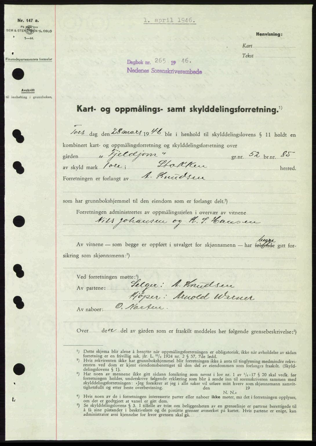 Nedenes sorenskriveri, AV/SAK-1221-0006/G/Gb/Gba/L0054: Pantebok nr. A6c, 1946-1946, Dagboknr: 265/1946