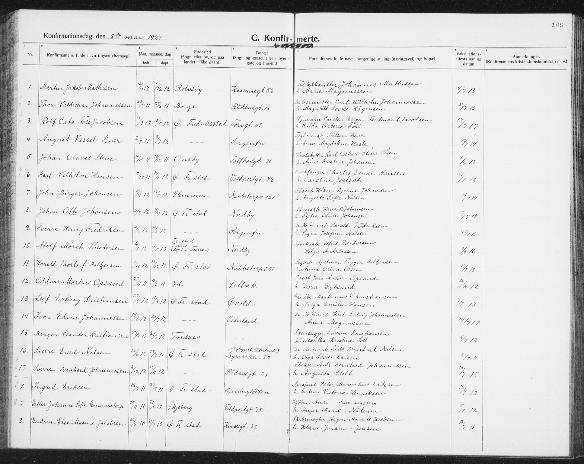 Østre Fredrikstad prestekontor Kirkebøker, AV/SAO-A-10907/G/Ga/L0003: Klokkerbok nr. 3, 1920-1940, s. 169