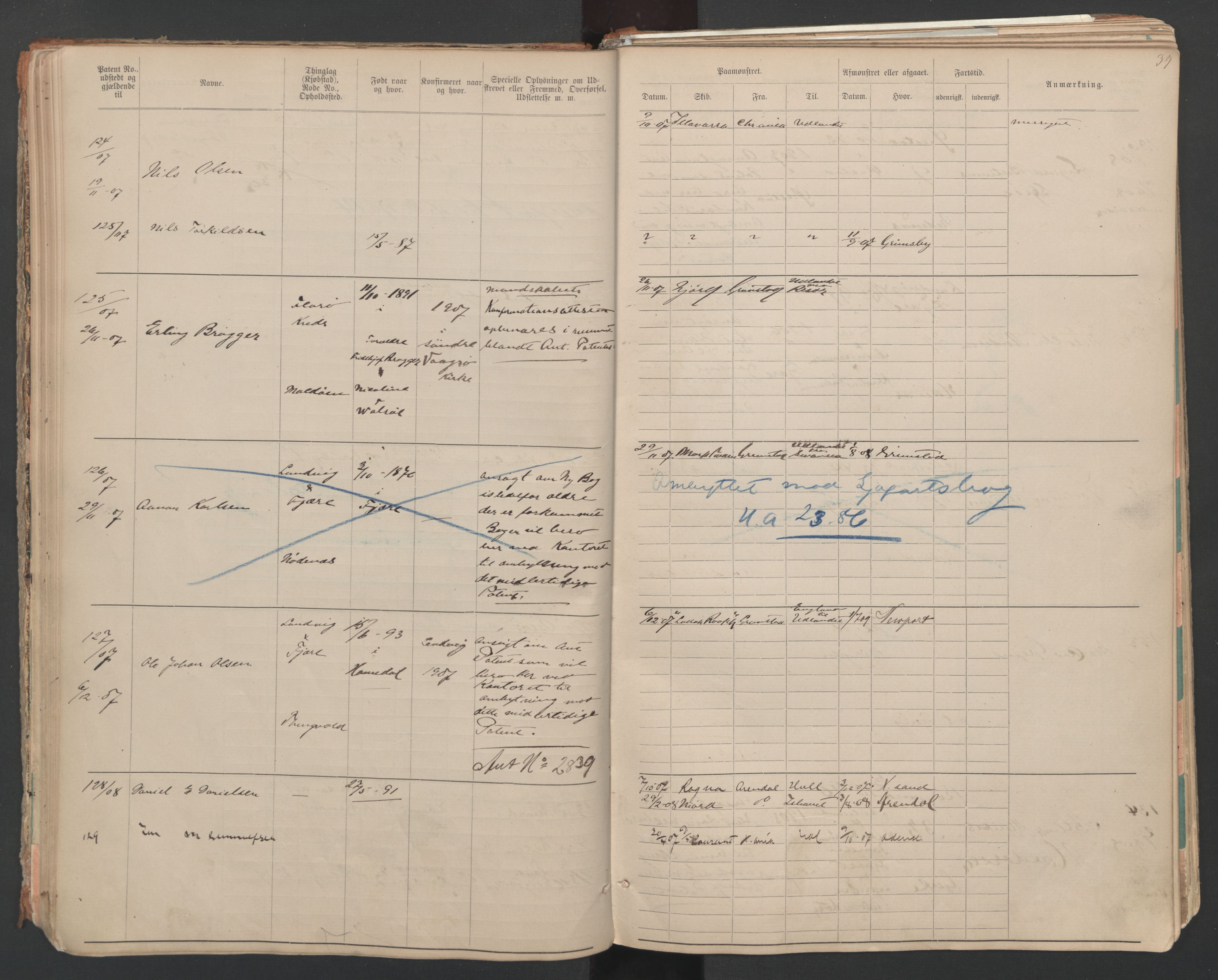 Grimstad mønstringskrets, AV/SAK-2031-0013/F/Fa/L0007: Annotasjonsrulle nr 1-265 og hovedrulle B nr 1-160, V-20, 1894-1949, s. 39