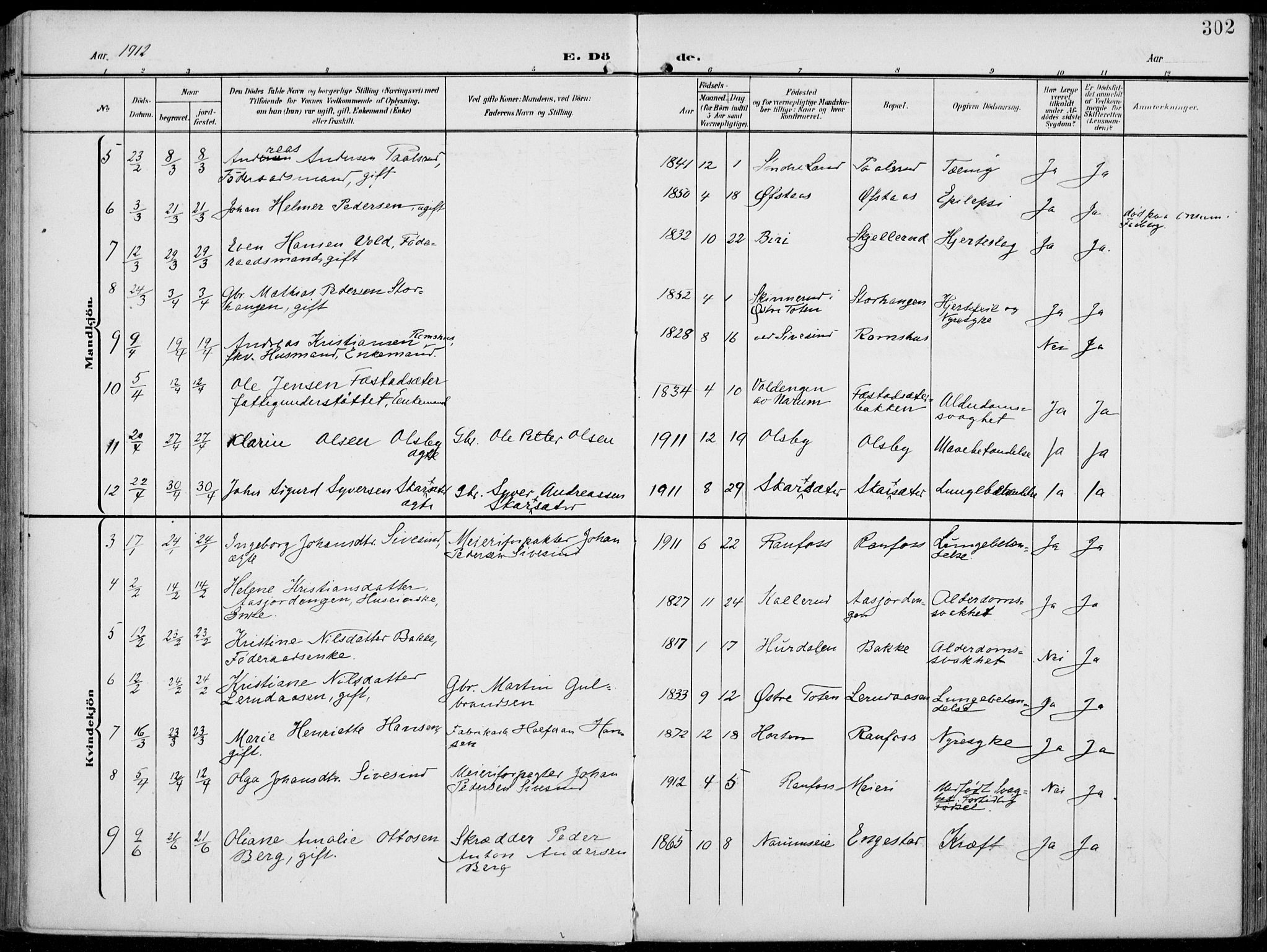 Vestre Toten prestekontor, AV/SAH-PREST-108/H/Ha/Haa/L0014: Ministerialbok nr. 14, 1907-1920, s. 302