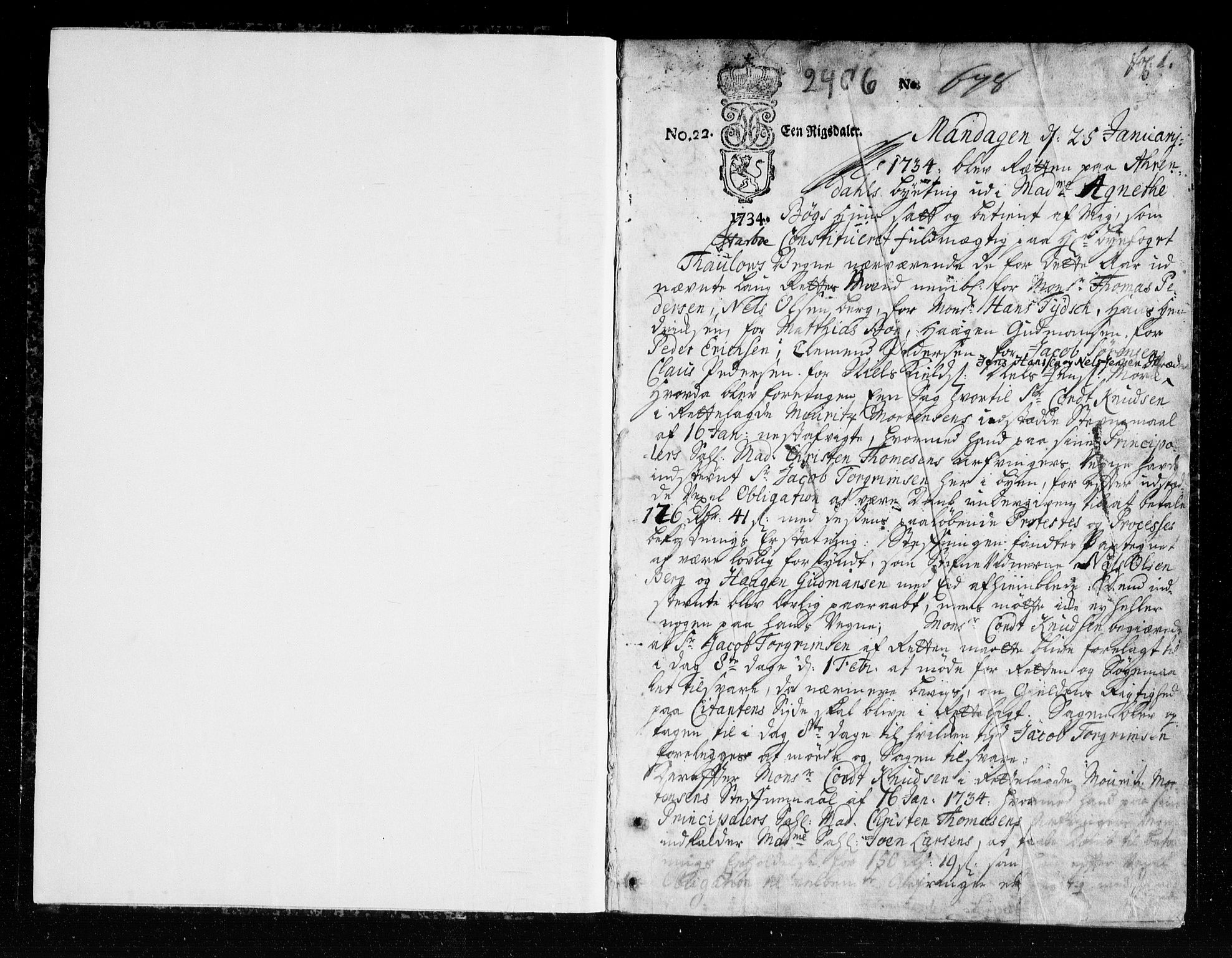Arendal byfogd, SAK/1222-0001/F/Fa/L0006: Justisprotokoll for Arendal og Risør, 1734-1736, s. 0b-1a