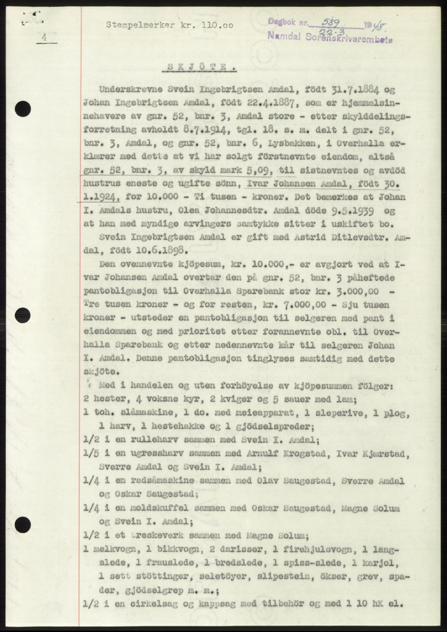 Namdal sorenskriveri, SAT/A-4133/1/2/2C: Pantebok nr. -, 1947-1948, Dagboknr: 589/1948