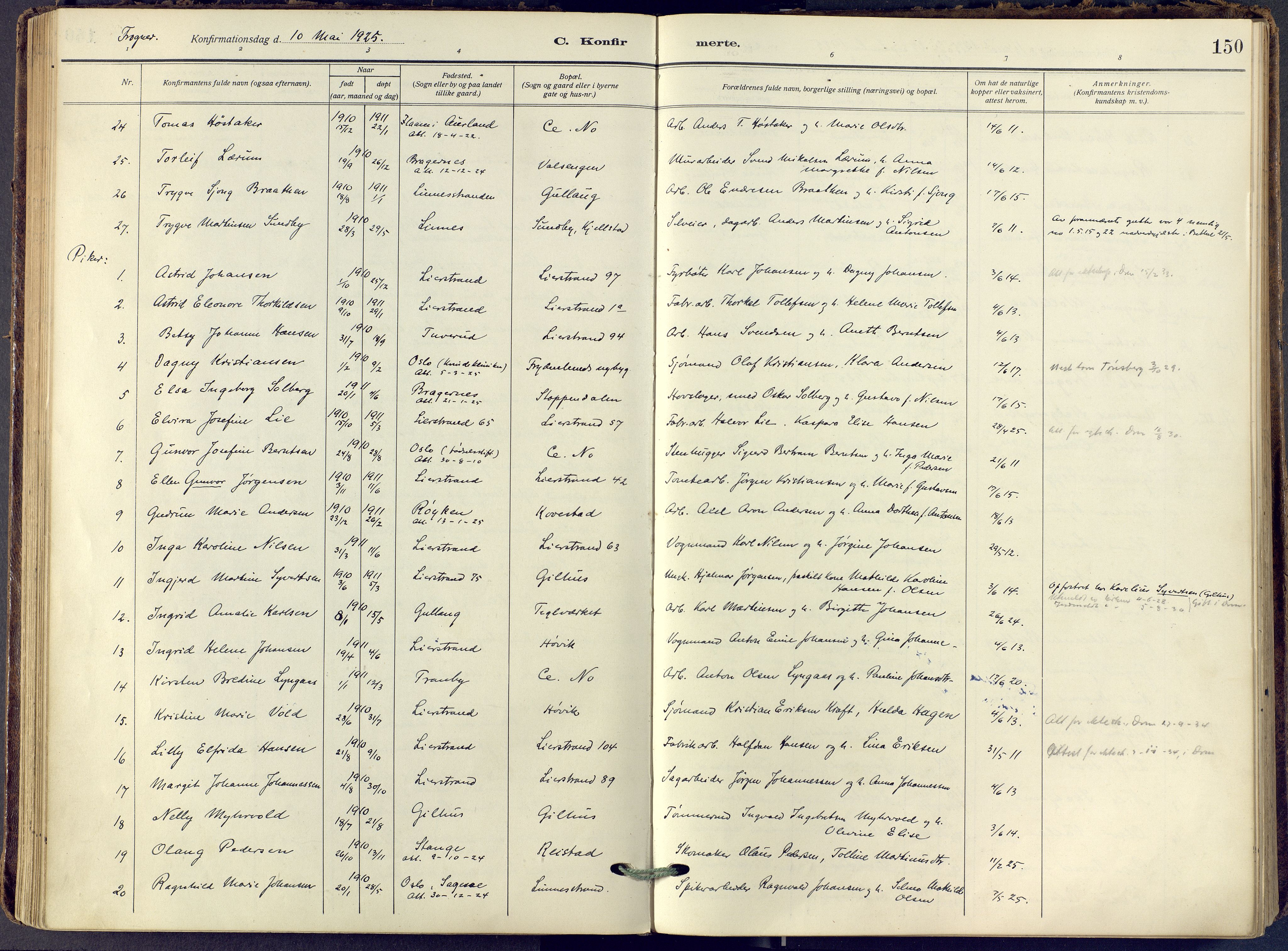 Lier kirkebøker, SAKO/A-230/F/Fa/L0019: Ministerialbok nr. I 19, 1918-1928, s. 150