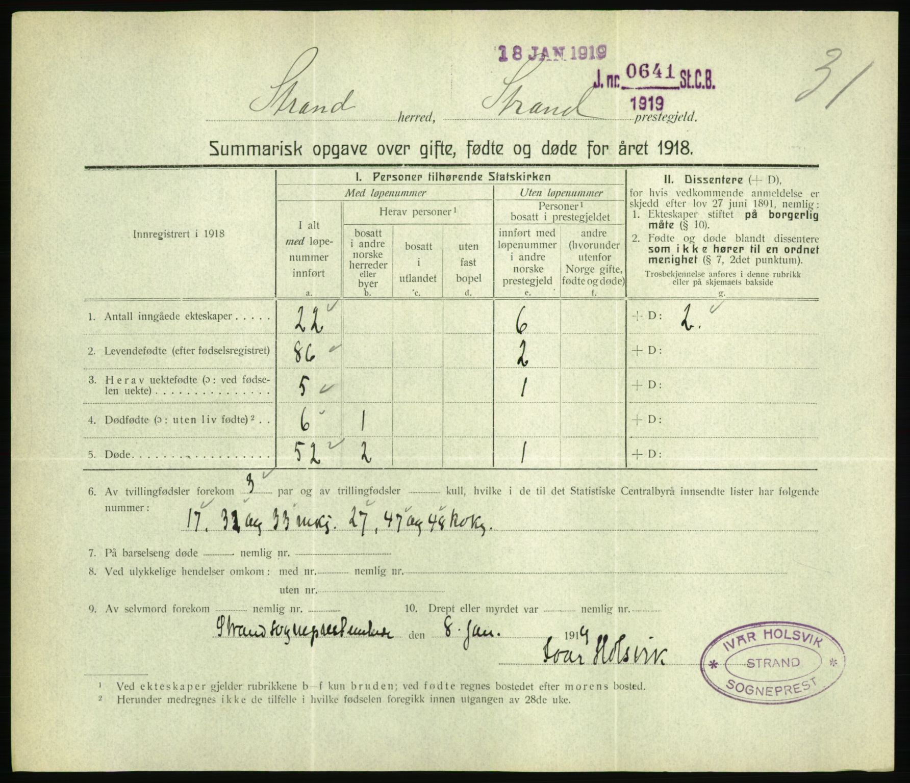 Statistisk sentralbyrå, Sosiodemografiske emner, Befolkning, RA/S-2228/D/Df/Dfb/Dfbh/L0059: Summariske oppgaver over gifte, fødte og døde for hele landet., 1918, s. 827