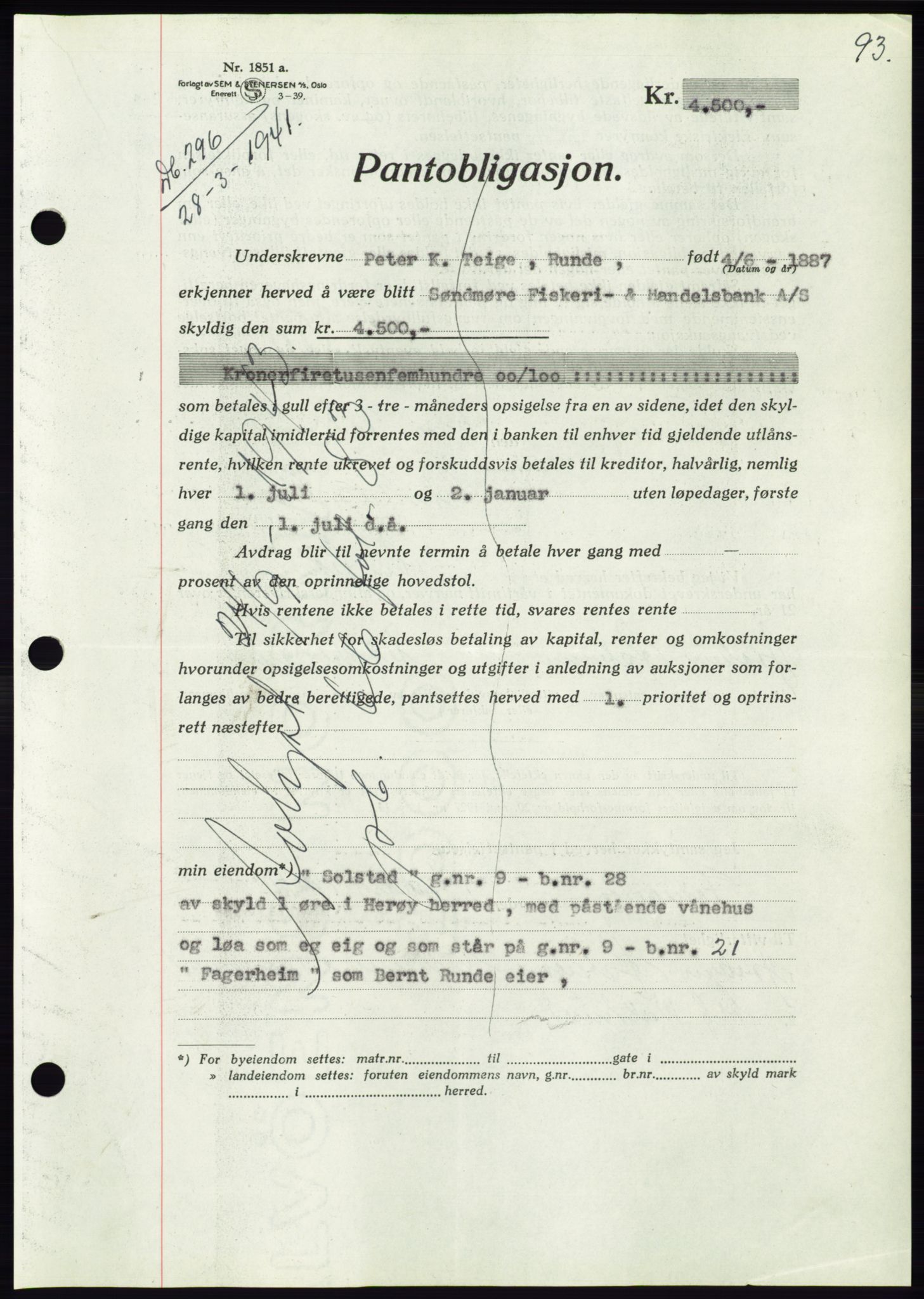 Søre Sunnmøre sorenskriveri, AV/SAT-A-4122/1/2/2C/L0071: Pantebok nr. 65, 1941-1941, Dagboknr: 296/1941