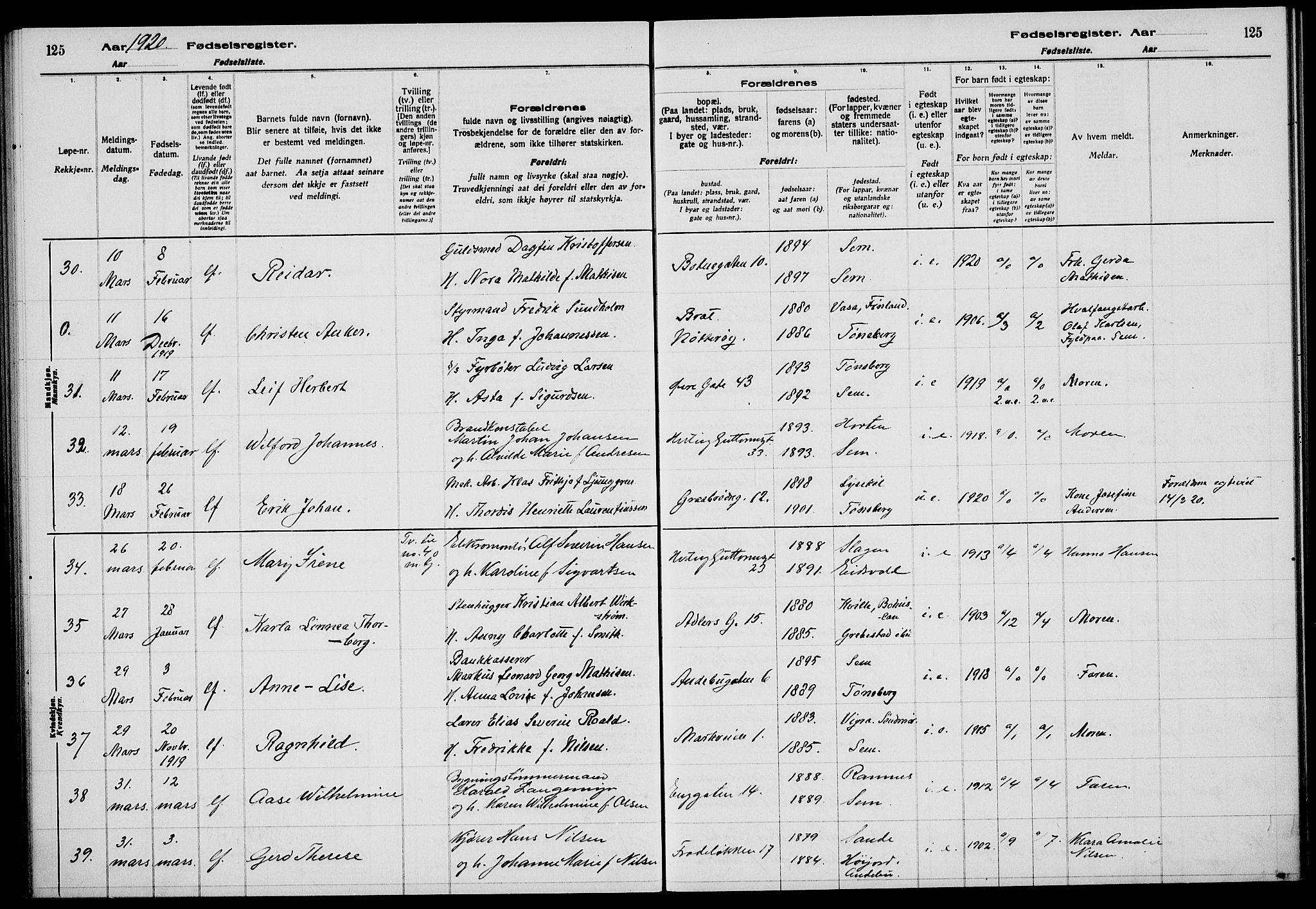 Tønsberg kirkebøker, AV/SAKO-A-330/J/Ja/L0001: Fødselsregister nr. 1, 1916-1922, s. 125