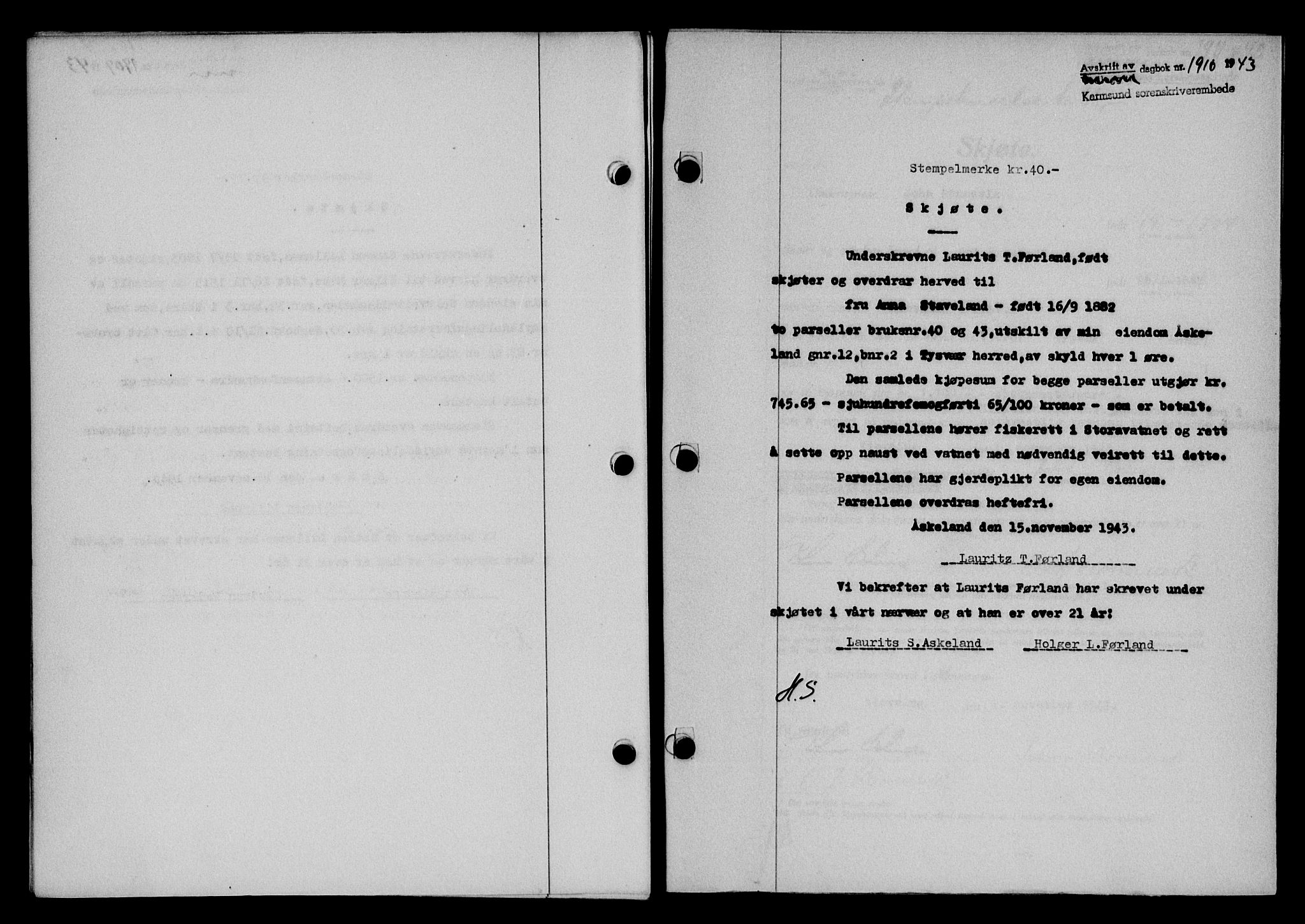 Karmsund sorenskriveri, SAST/A-100311/01/II/IIB/L0080: Pantebok nr. 61A, 1943-1943, Dagboknr: 1910/1943