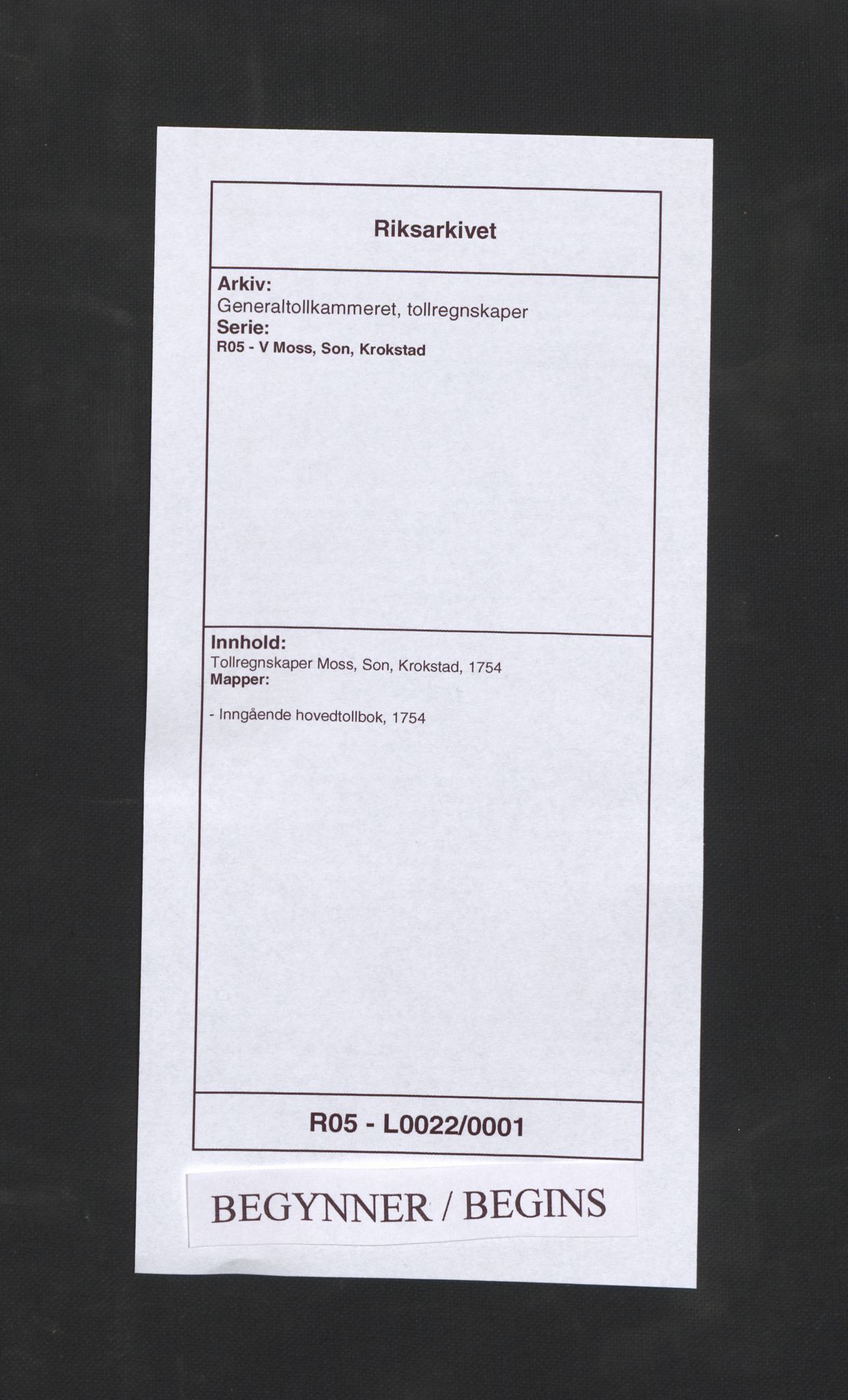 Generaltollkammeret, tollregnskaper, RA/EA-5490/R05/L0022/0001: Tollregnskaper Moss, Son, Krokstad / Inngående hovedtollbok, 1754