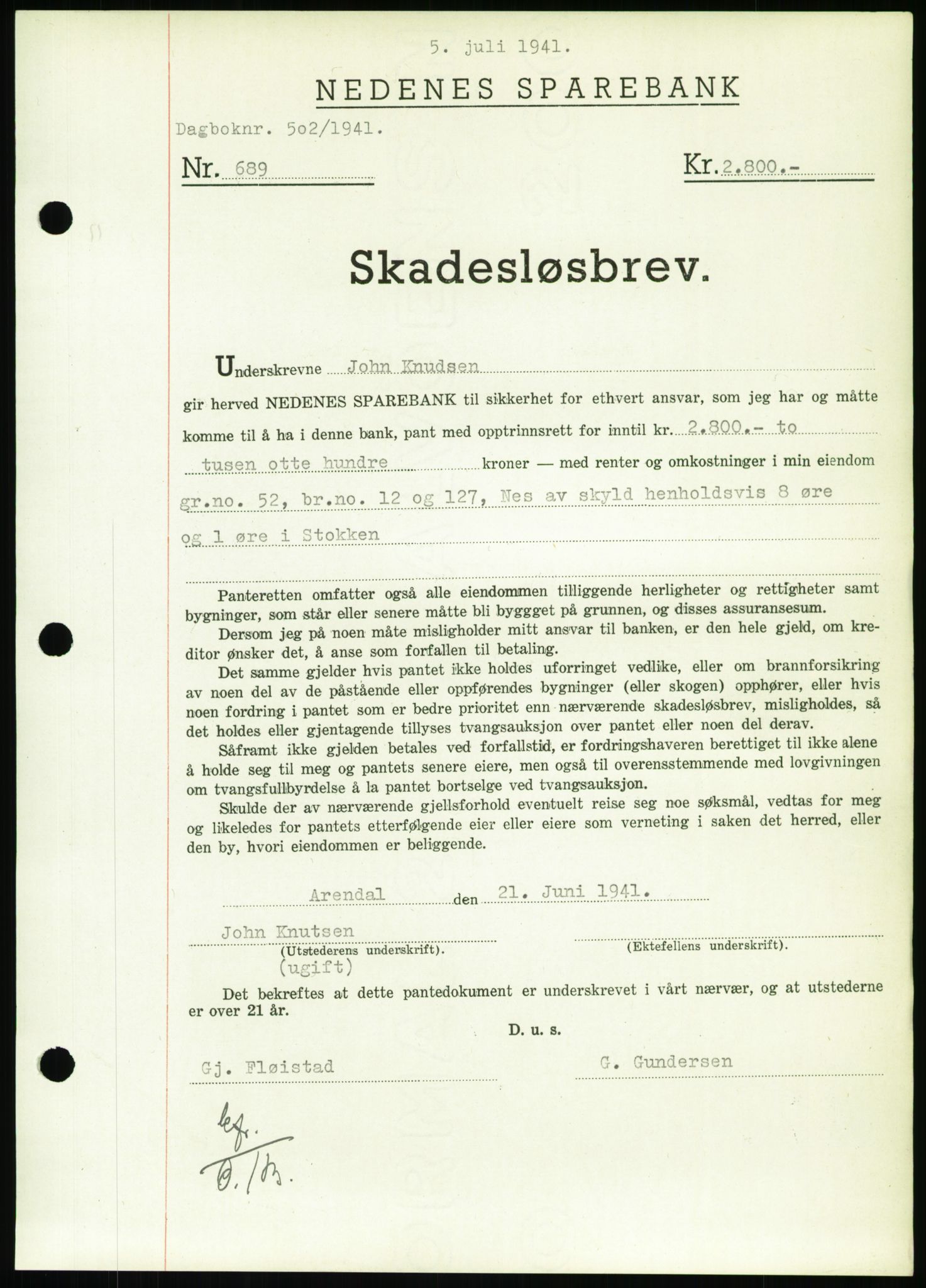 Nedenes sorenskriveri, SAK/1221-0006/G/Gb/Gbb/L0001: Pantebok nr. I, 1939-1942, Dagboknr: 502/1941