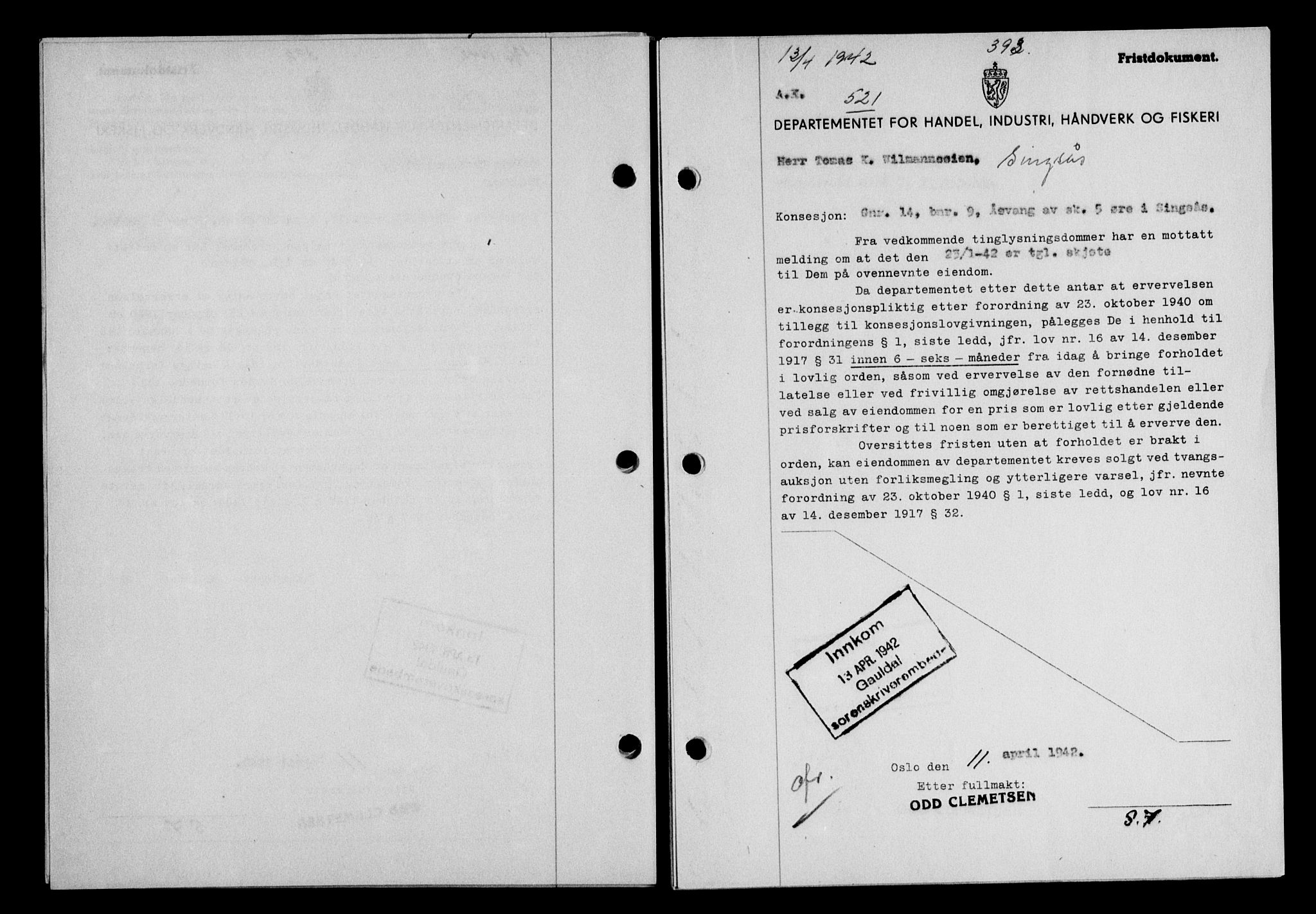 Gauldal sorenskriveri, SAT/A-0014/1/2/2C/L0054: Pantebok nr. 59, 1941-1942, Dagboknr: 521/1942