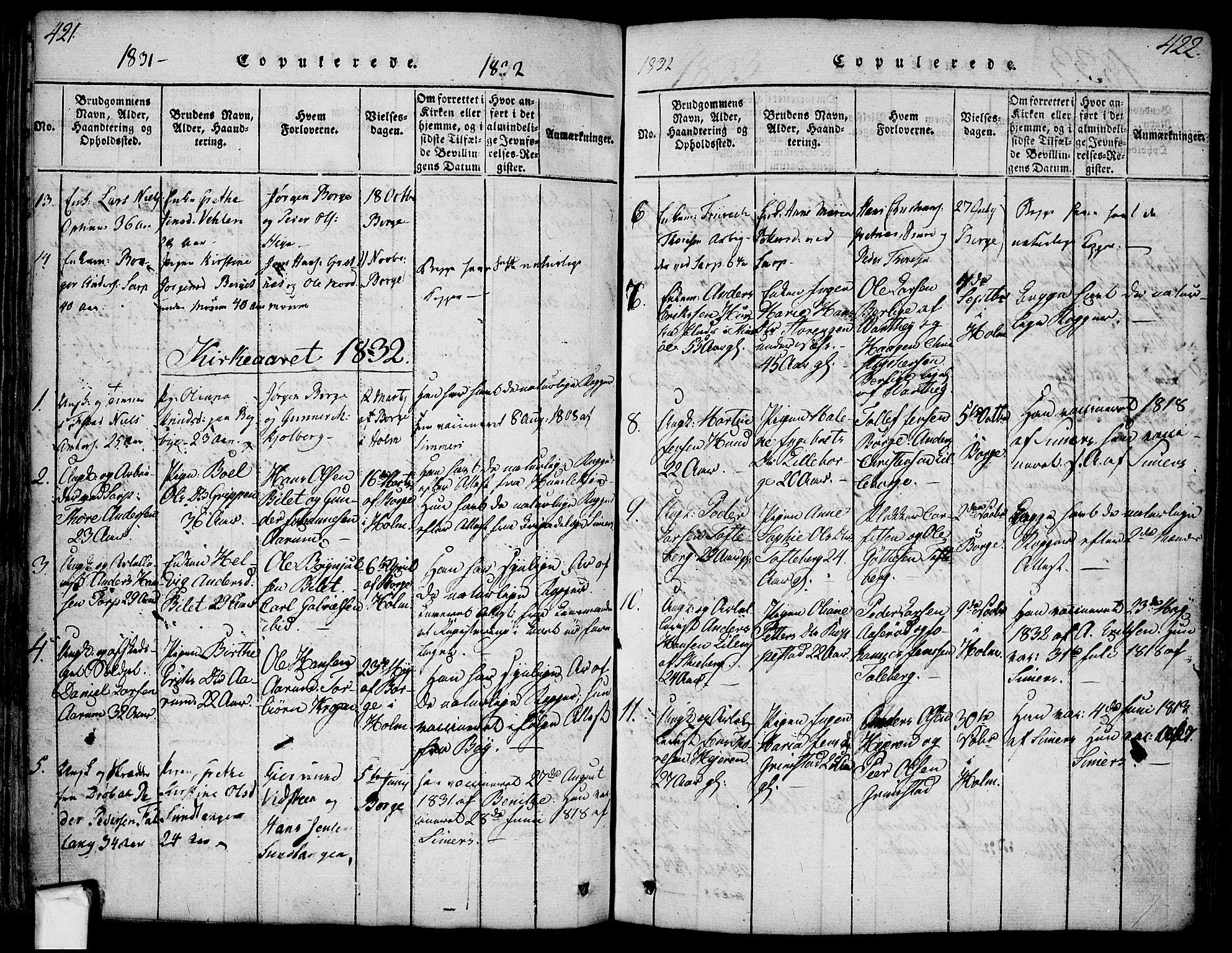 Borge prestekontor Kirkebøker, AV/SAO-A-10903/F/Fa/L0003: Ministerialbok nr. I 3, 1815-1836, s. 421-422