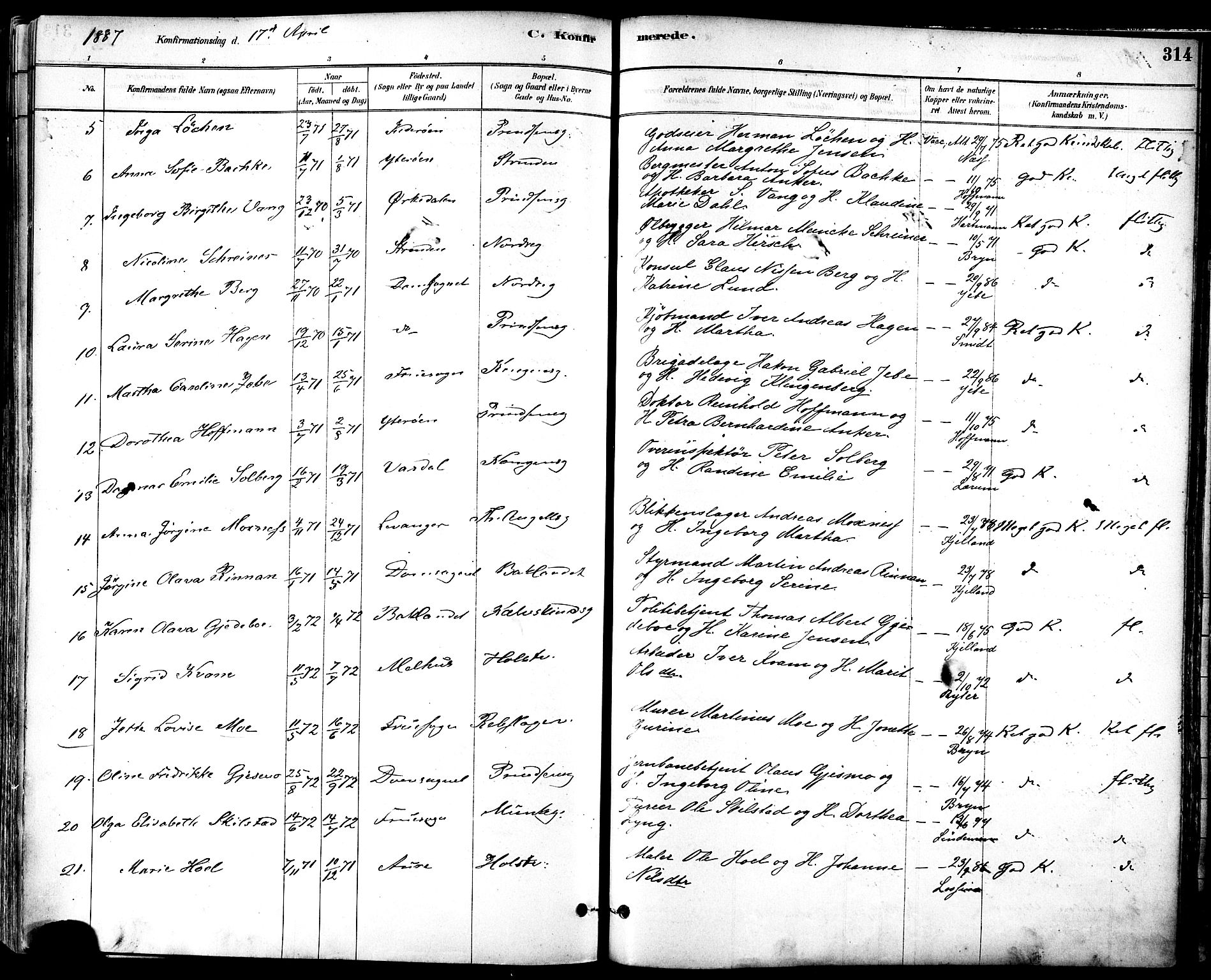Ministerialprotokoller, klokkerbøker og fødselsregistre - Sør-Trøndelag, SAT/A-1456/601/L0057: Ministerialbok nr. 601A25, 1877-1891, s. 314
