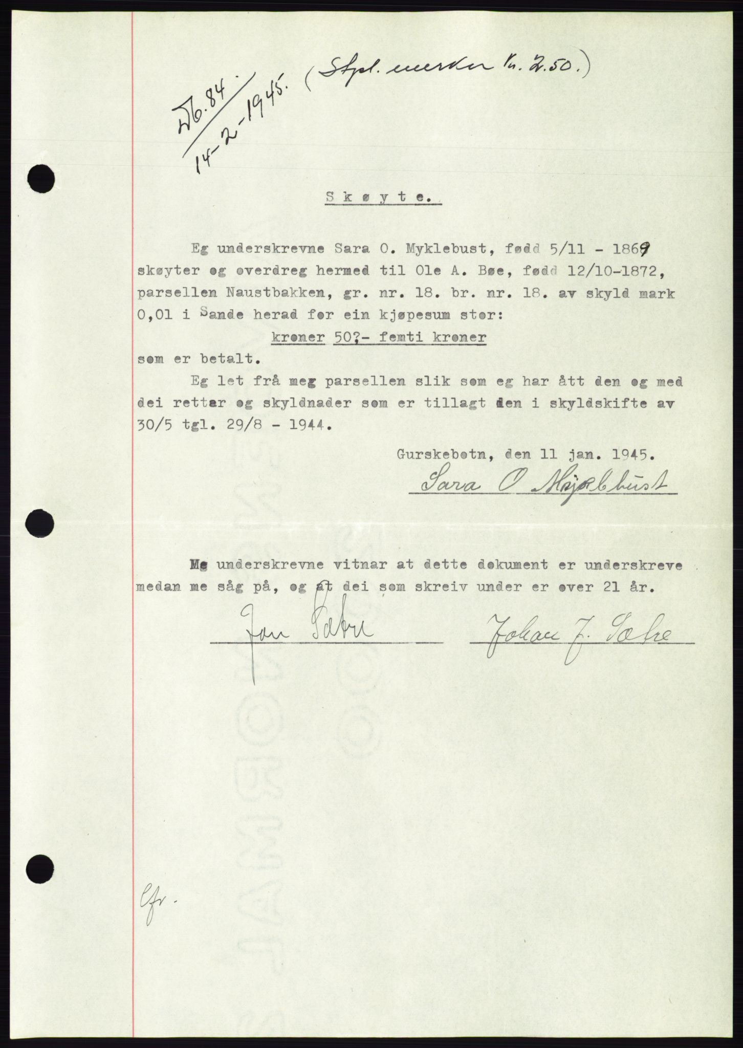 Søre Sunnmøre sorenskriveri, AV/SAT-A-4122/1/2/2C/L0077: Pantebok nr. 3A, 1945-1946, Dagboknr: 84/1945