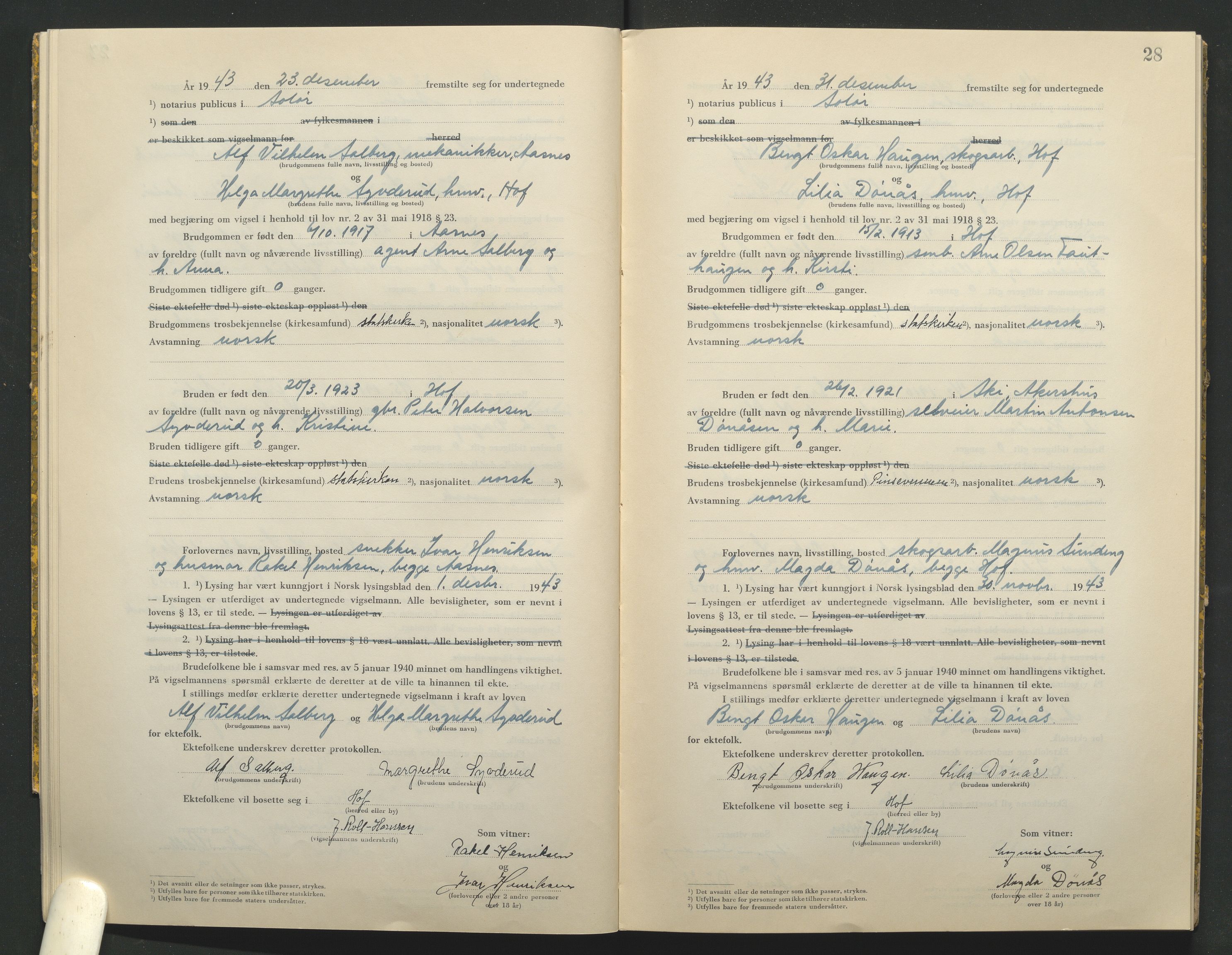Solør tingrett, AV/SAH-TING-008/L/Lb/L0002: Vigselprotokoll, 1943-1944, s. 28