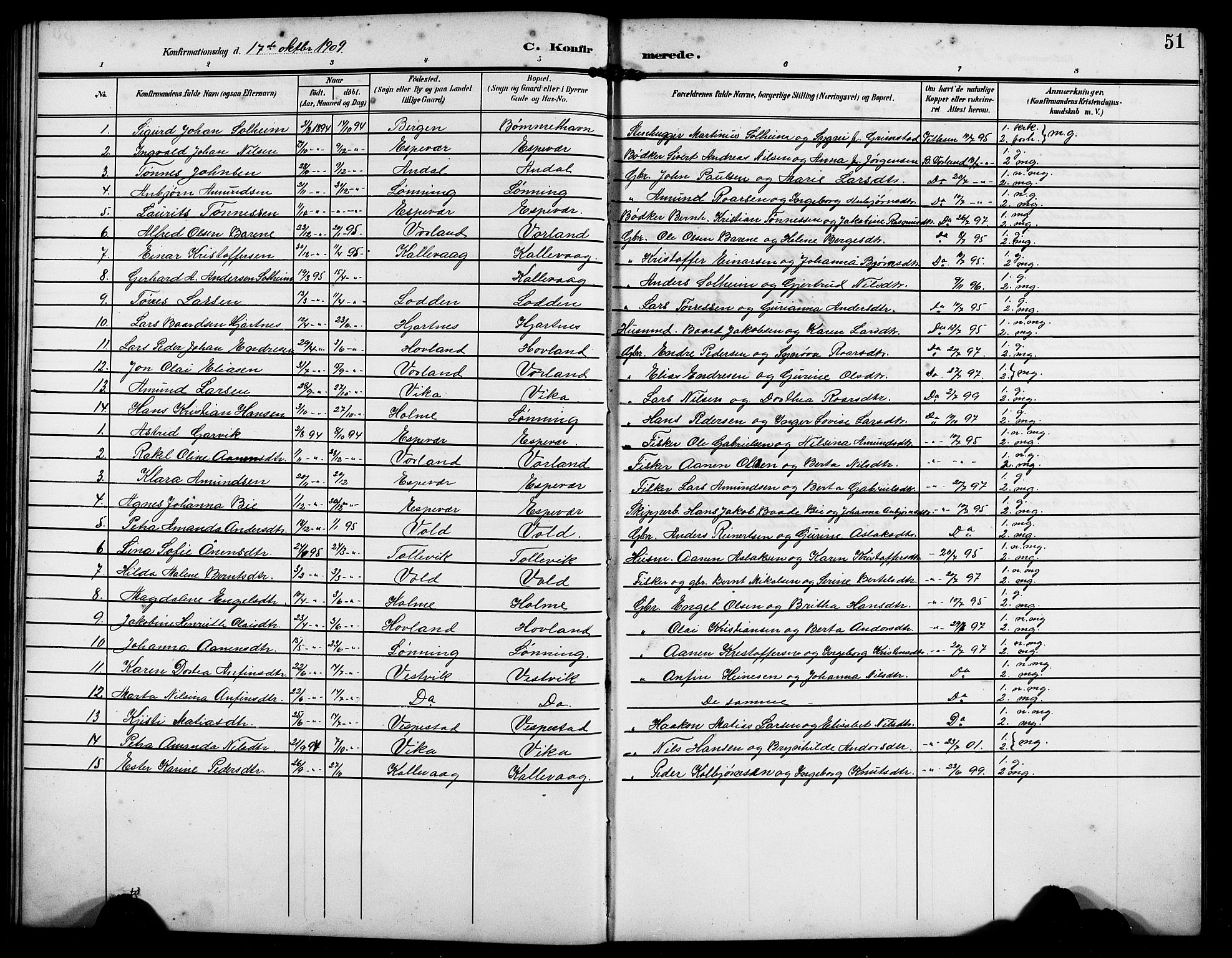 Finnås sokneprestembete, AV/SAB-A-99925/H/Ha/Hab/Habc/L0003: Klokkerbok nr. C 3, 1907-1917, s. 51
