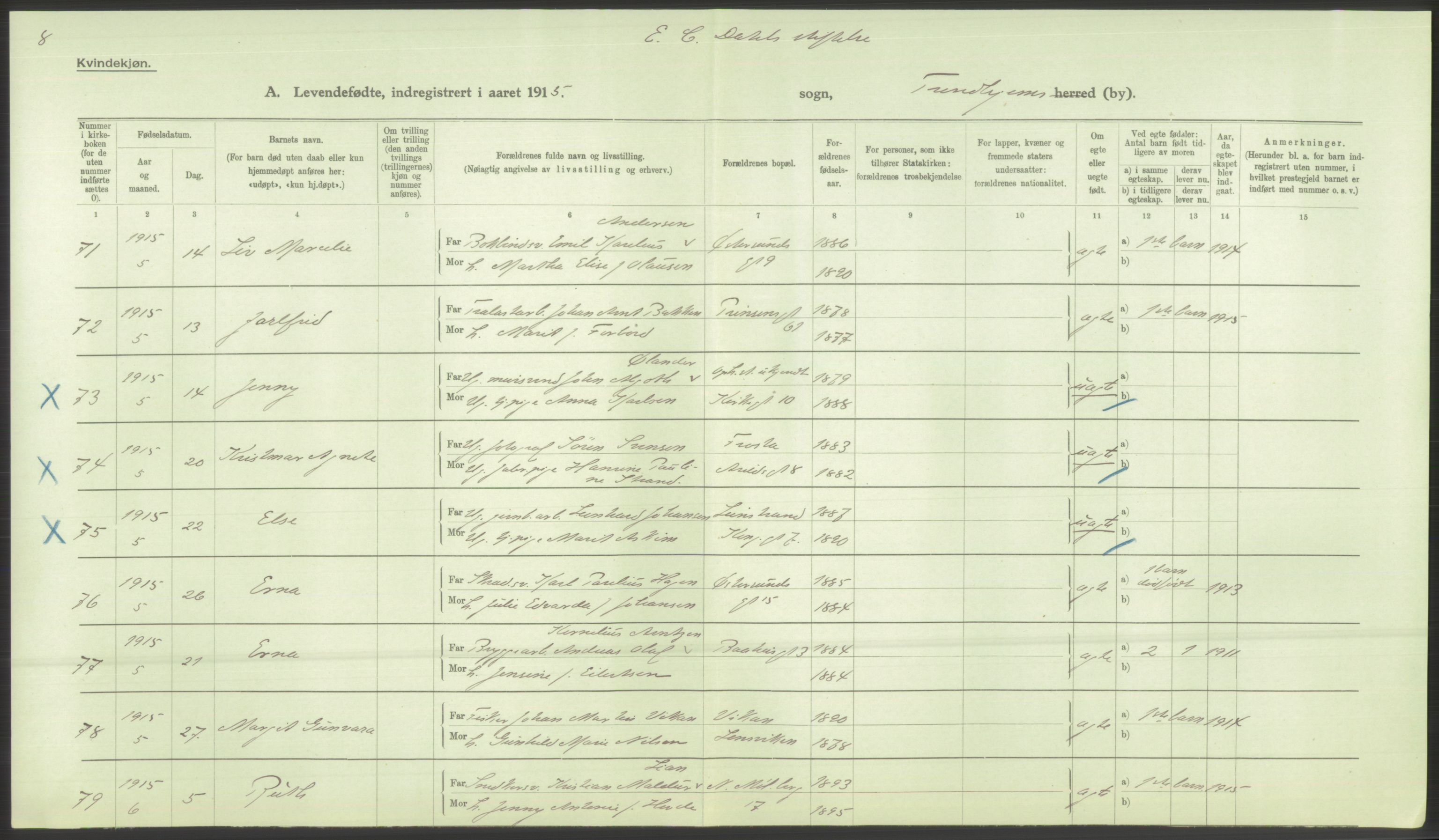 Statistisk sentralbyrå, Sosiodemografiske emner, Befolkning, AV/RA-S-2228/D/Df/Dfb/Dfbe/L0043: Trondhjem: Levendefødte menn og kvinner., 1915, s. 16