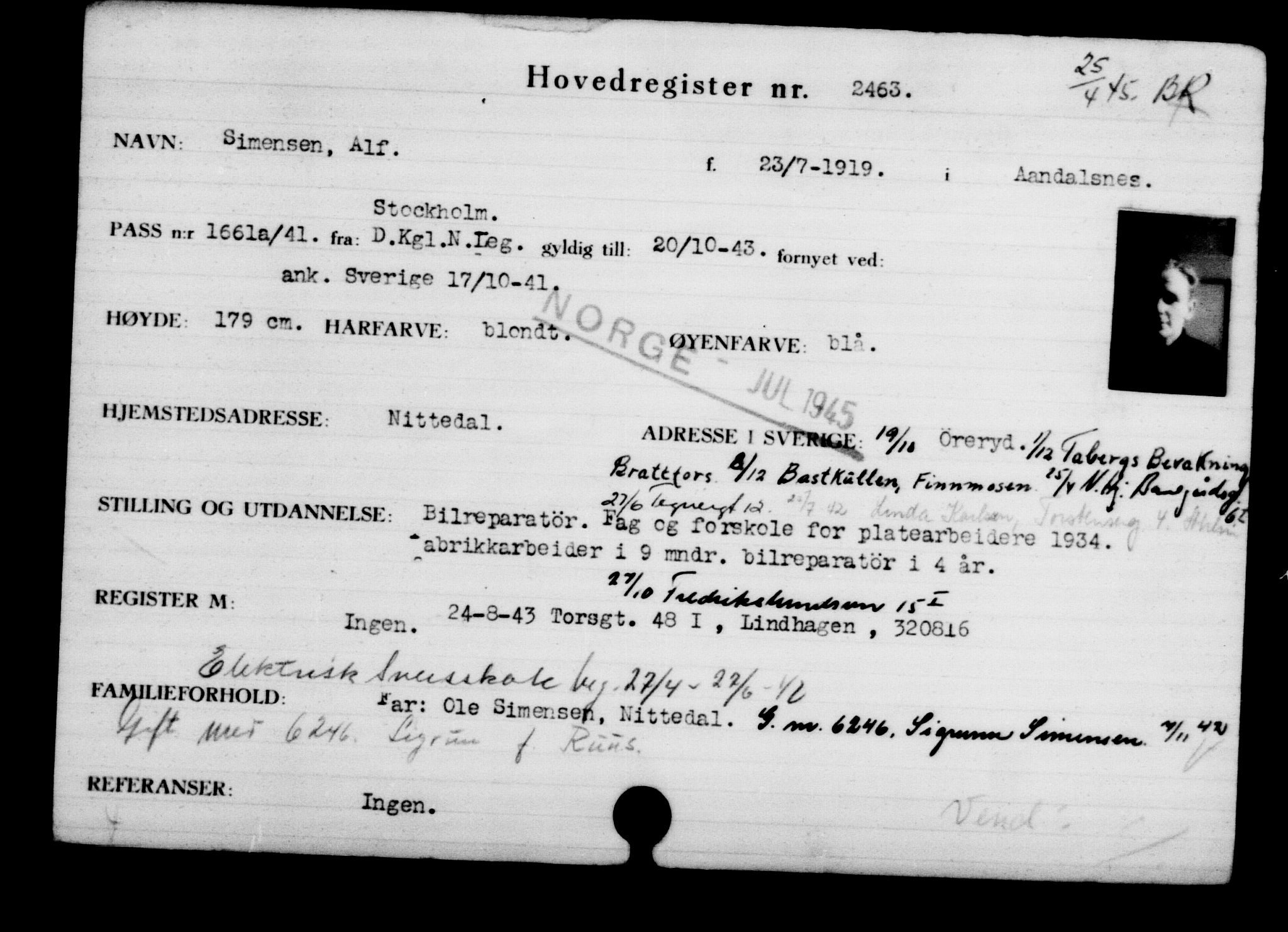 Den Kgl. Norske Legasjons Flyktningskontor, RA/S-6753/V/Va/L0003: Kjesäterkartoteket.  Flyktningenr. 2001-3495, 1940-1945, s. 793