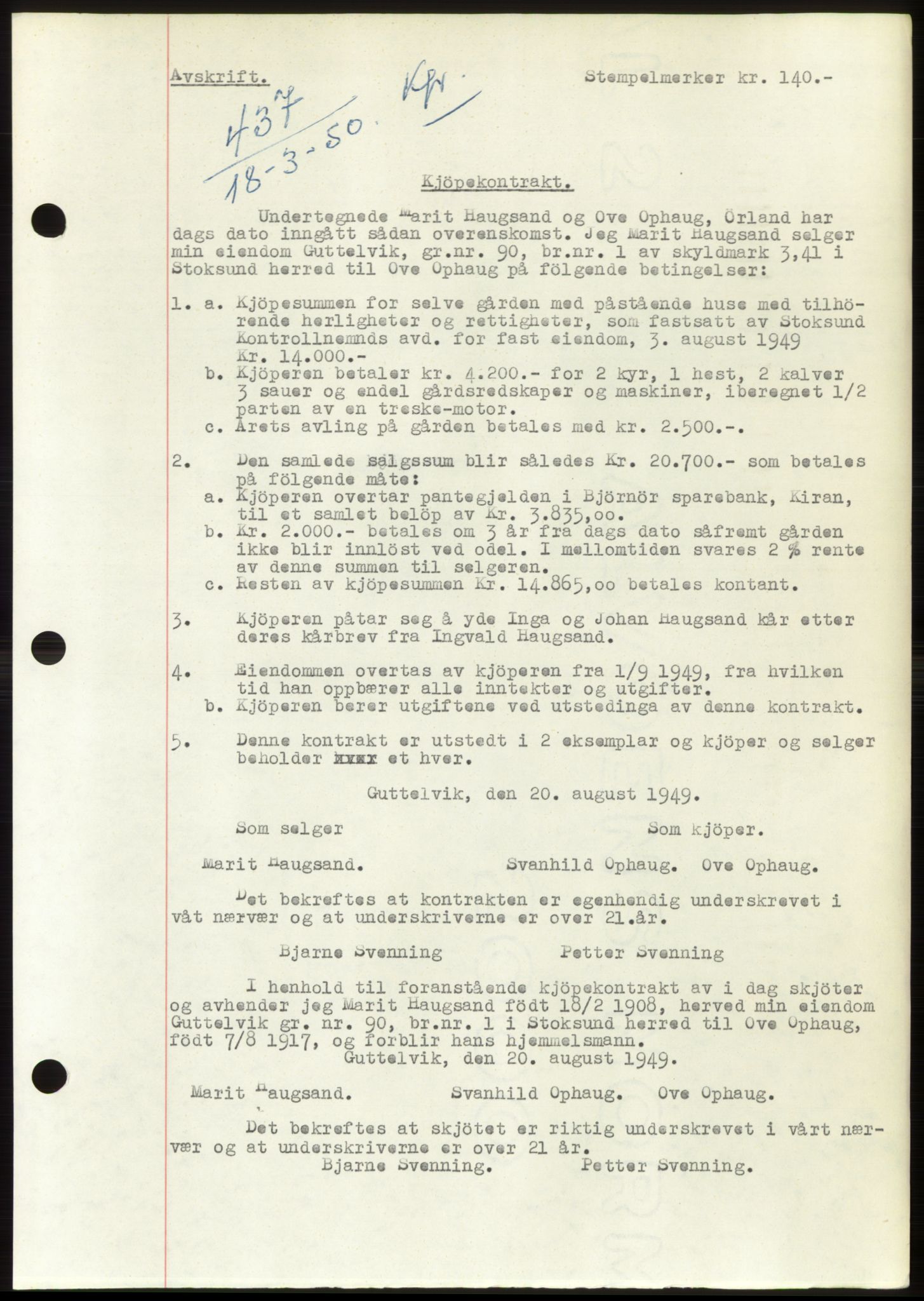 Fosen sorenskriveri, AV/SAT-A-1107/1/2/2C: Pantebok nr. A11, 1950-1950, Dagboknr: 437/1950