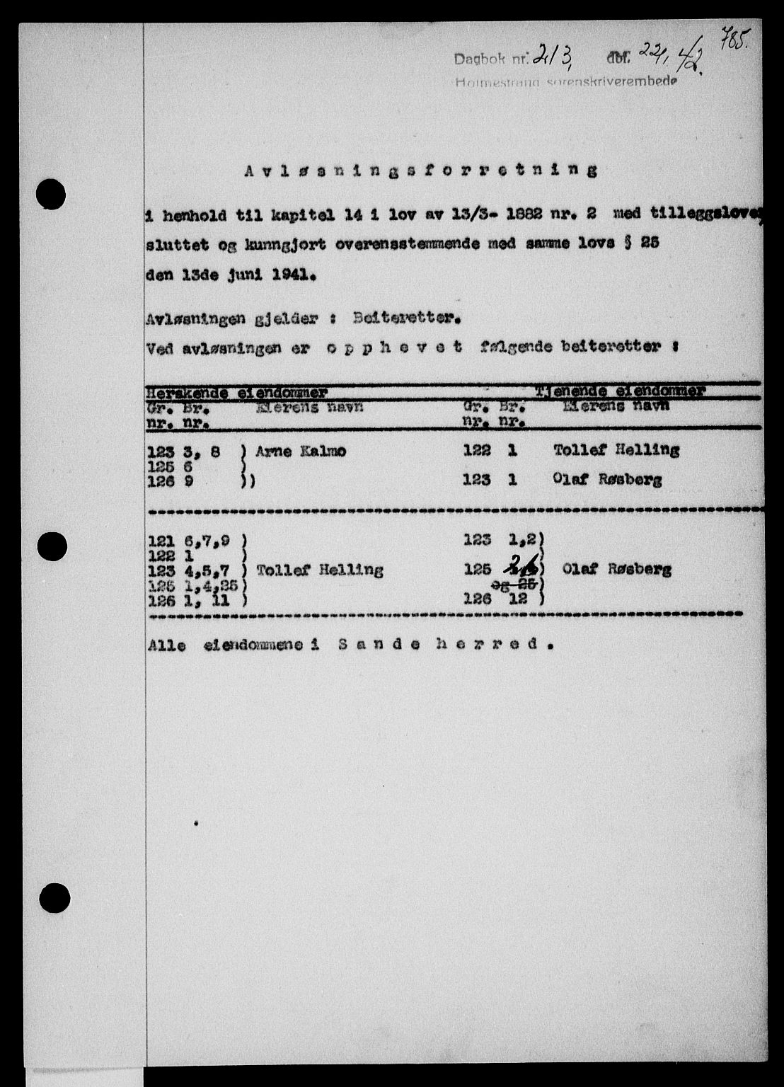 Holmestrand sorenskriveri, SAKO/A-67/G/Ga/Gaa/L0054: Pantebok nr. A-54, 1941-1942, Dagboknr: 213/1942