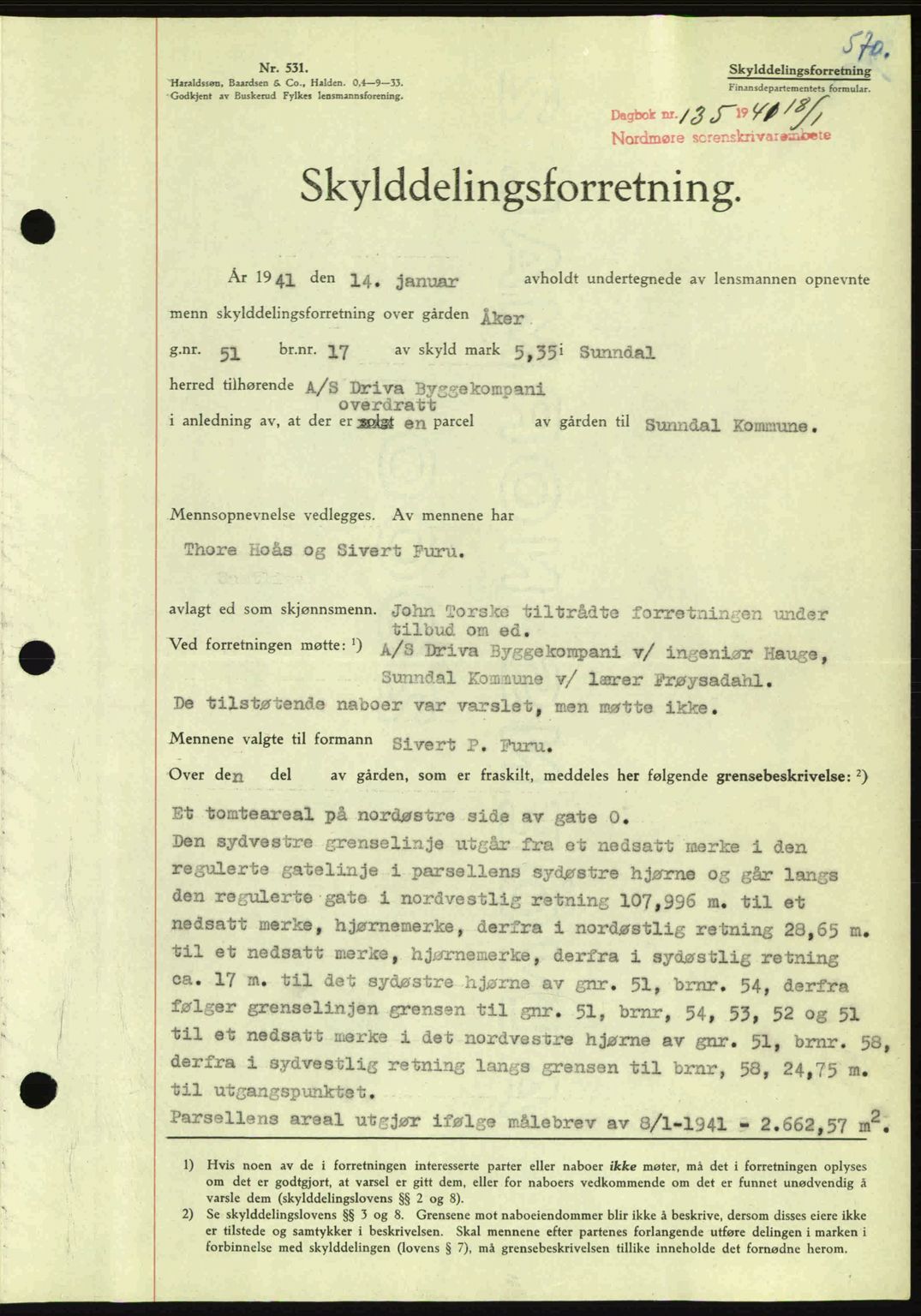 Nordmøre sorenskriveri, SAT/A-4132/1/2/2Ca: Pantebok nr. A89, 1940-1941, Dagboknr: 135/1941