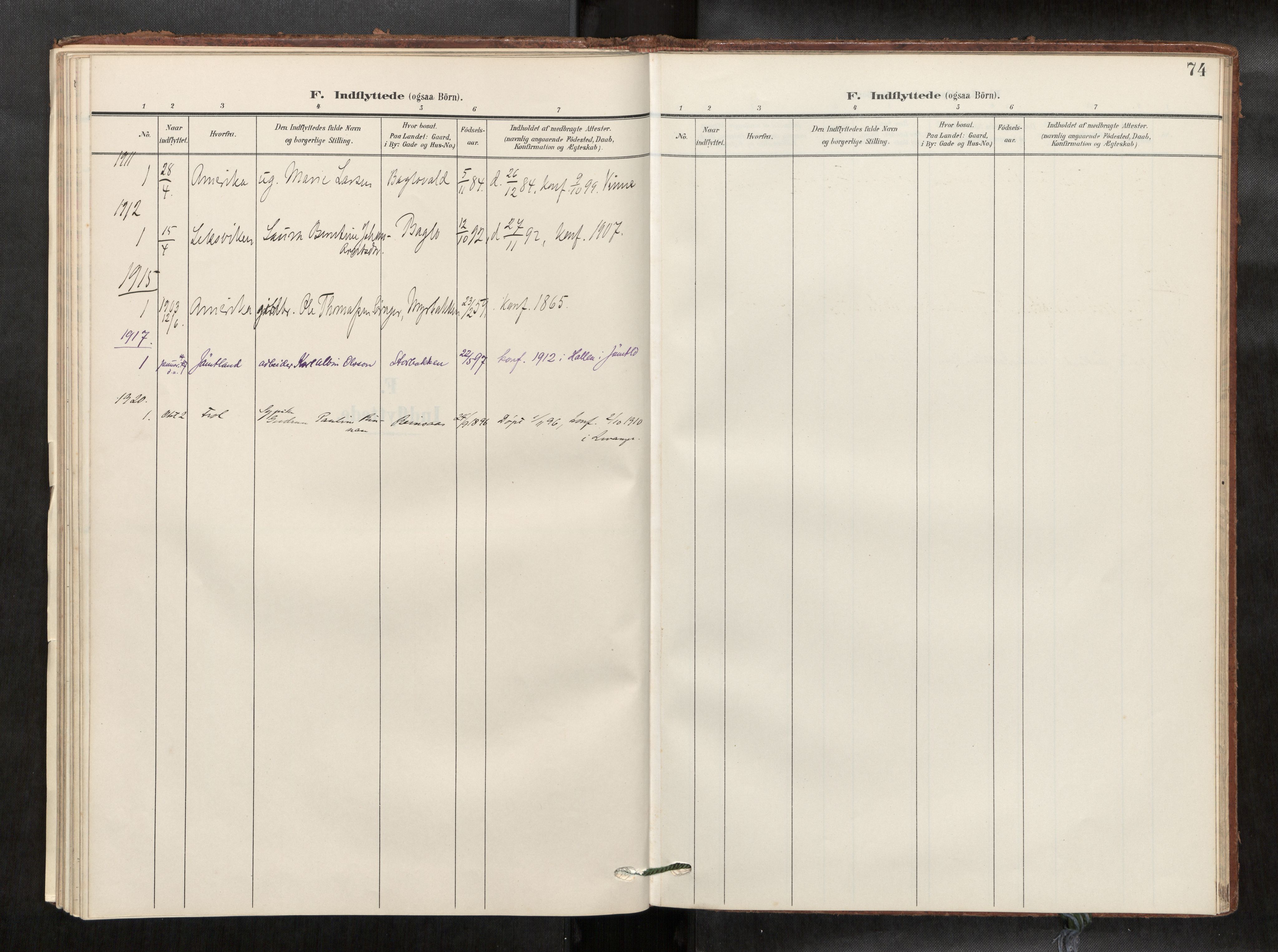 Verdal sokneprestkontor, SAT/A-1156/2/H/Haa/L0003: Ministerialbok nr. 3, 1907-1921, s. 74