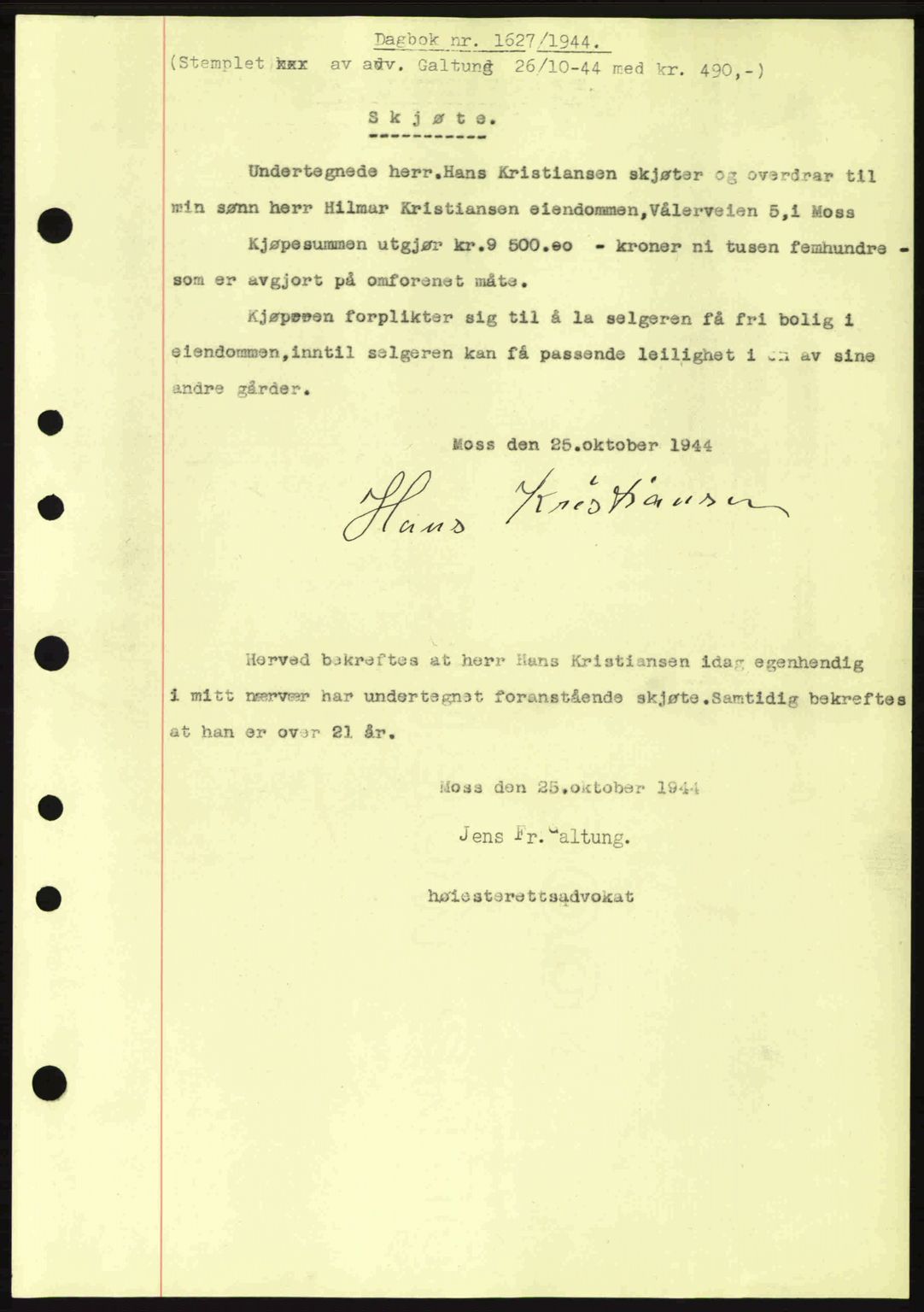 Moss sorenskriveri, SAO/A-10168: Pantebok nr. A13, 1944-1945, Dagboknr: 1627/1944