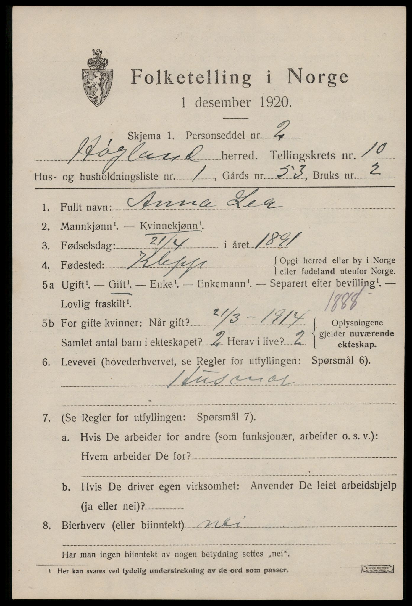 SAST, Folketelling 1920 for 1123 Høyland herred, 1920, s. 7194