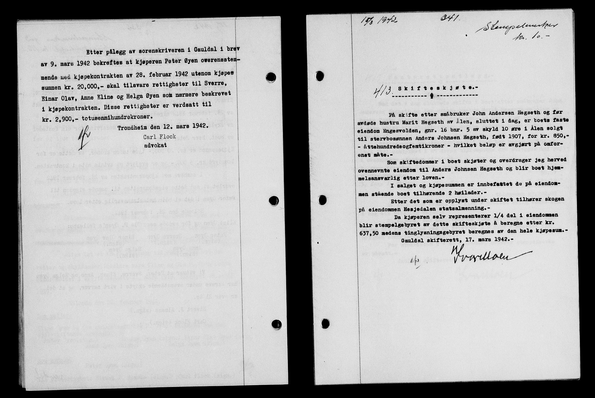 Gauldal sorenskriveri, SAT/A-0014/1/2/2C/L0054: Pantebok nr. 59, 1941-1942, Dagboknr: 413/1942