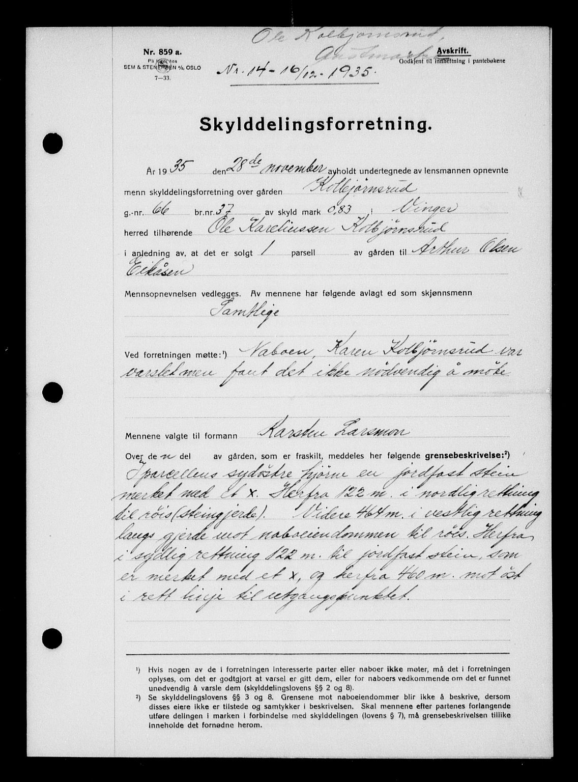 Vinger og Odal sorenskriveri, SAH/TING-022/H/Hb/Hbc/L0032: Pantebok nr. X, 1935-1935, Tingl.dato: 16.12.1935