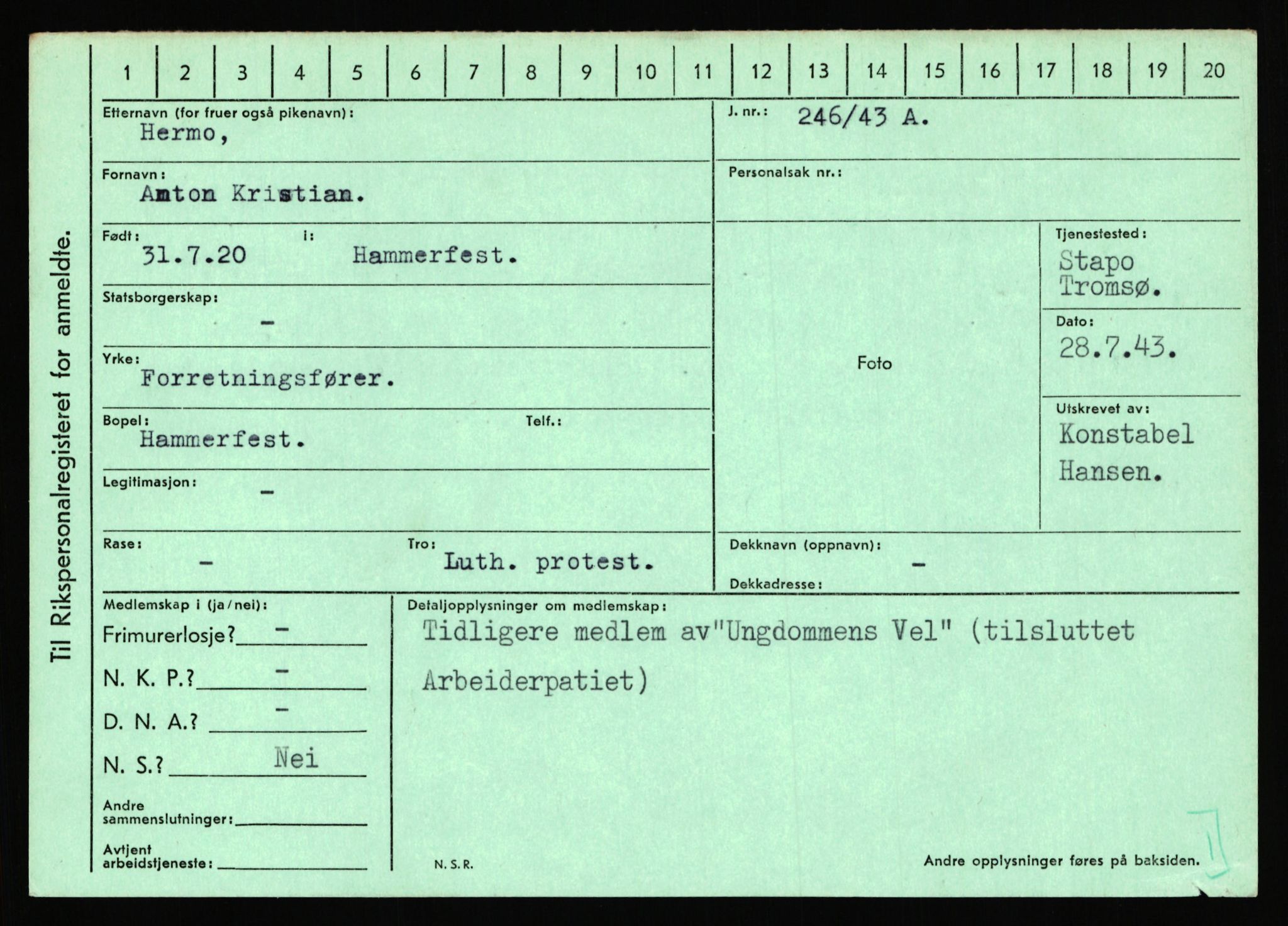 Statspolitiet - Hovedkontoret / Osloavdelingen, AV/RA-S-1329/C/Ca/L0006: Hanche - Hokstvedt, 1943-1945, s. 3974