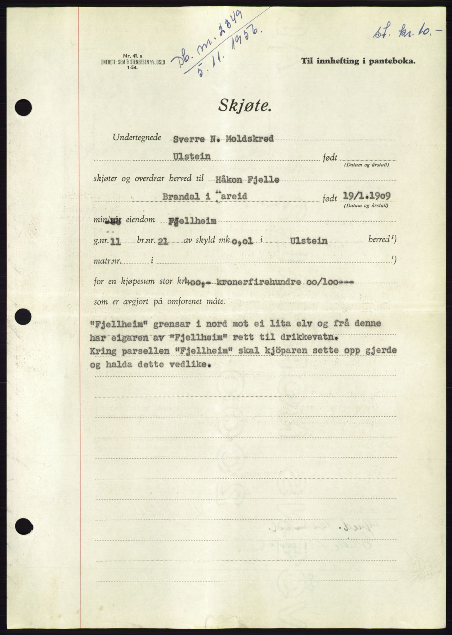 Søre Sunnmøre sorenskriveri, AV/SAT-A-4122/1/2/2C/L0104: Pantebok nr. 30A, 1956-1956, Dagboknr: 2349/1956