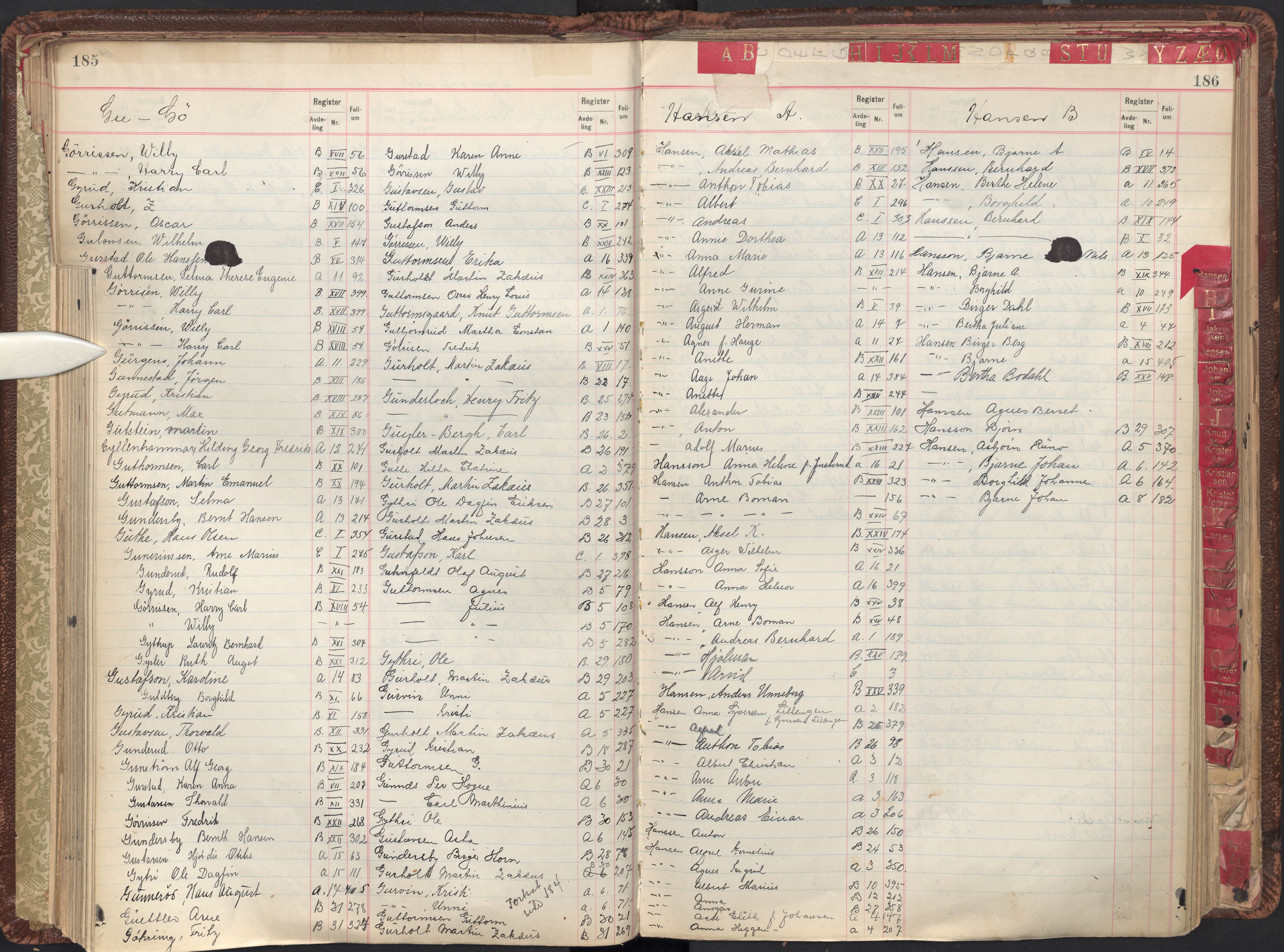 Oslo byfogd avd. II, AV/SAO-A-10942/G/Ga/Gab/L0003: Personregister: A 1-17, B 1-33, C 1-2, 1921, s. 185-186