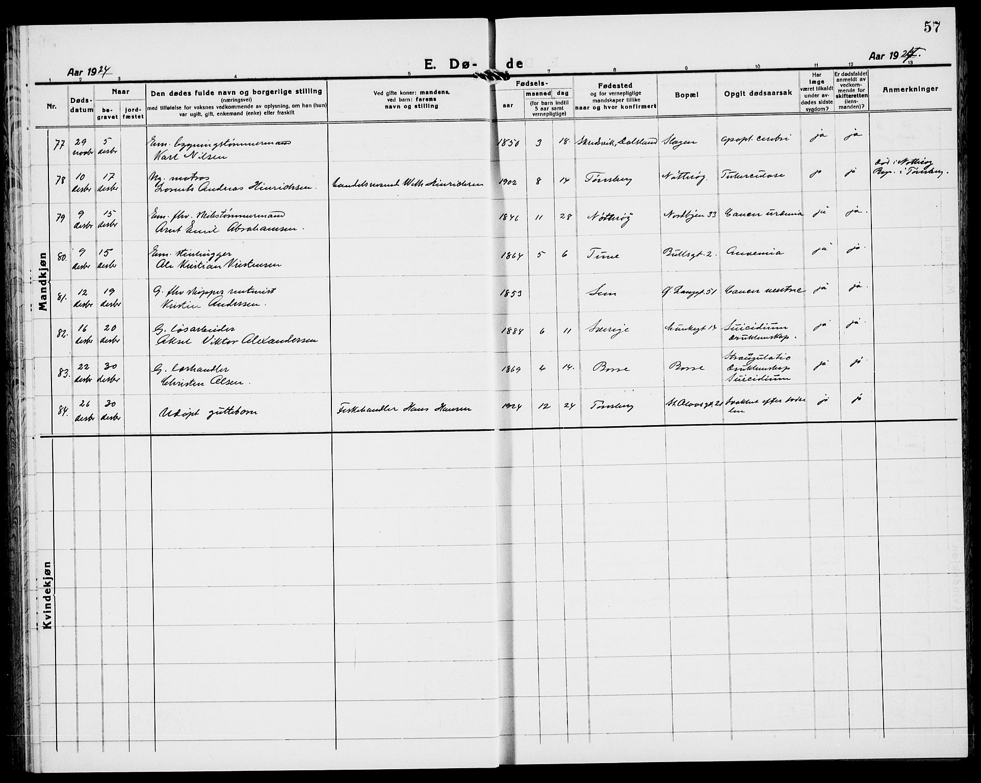 Tønsberg kirkebøker, SAKO/A-330/G/Ga/L0018: Klokkerbok nr. 18, 1920-1935, s. 57