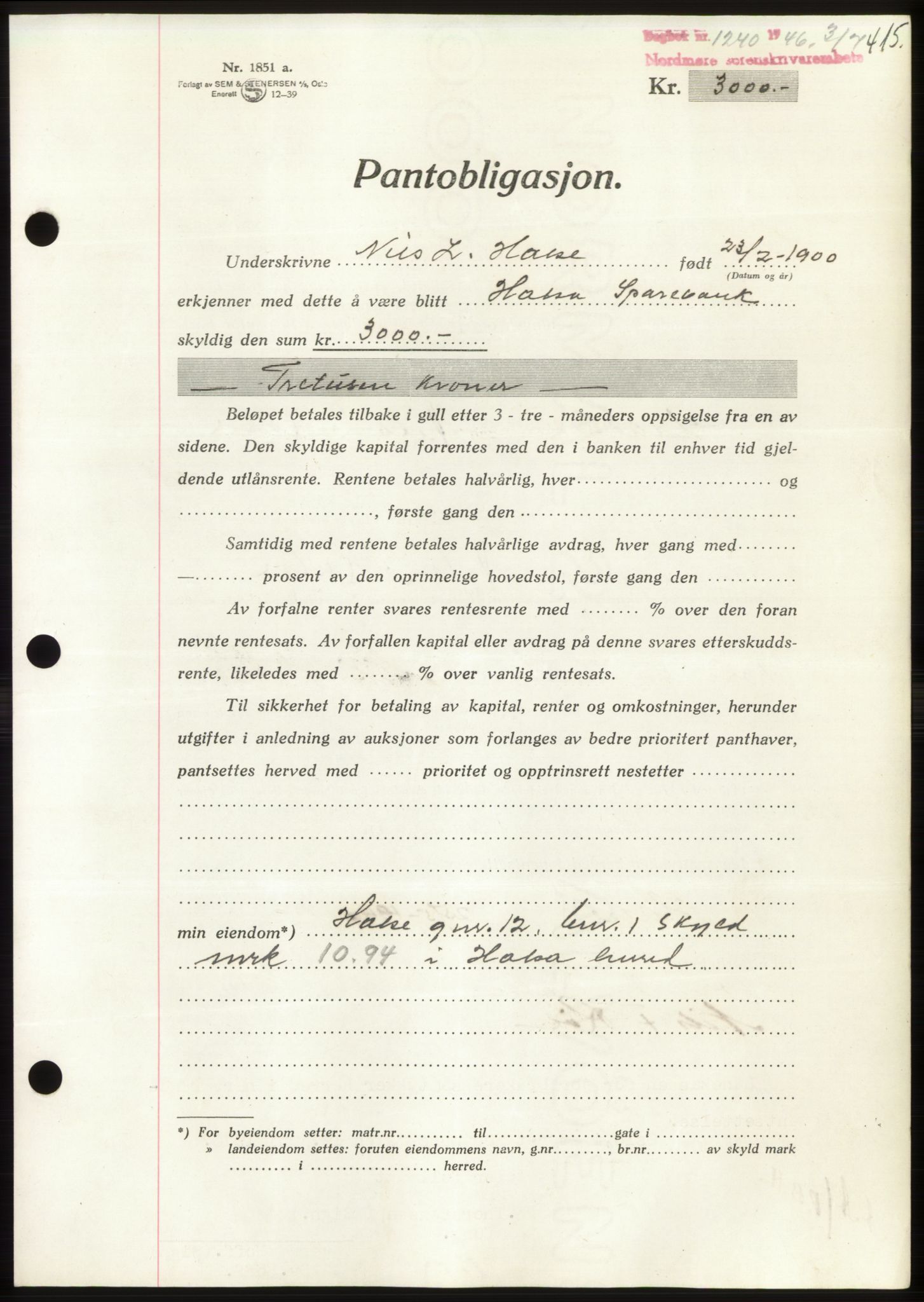 Nordmøre sorenskriveri, AV/SAT-A-4132/1/2/2Ca: Pantebok nr. B94, 1946-1946, Dagboknr: 1240/1946