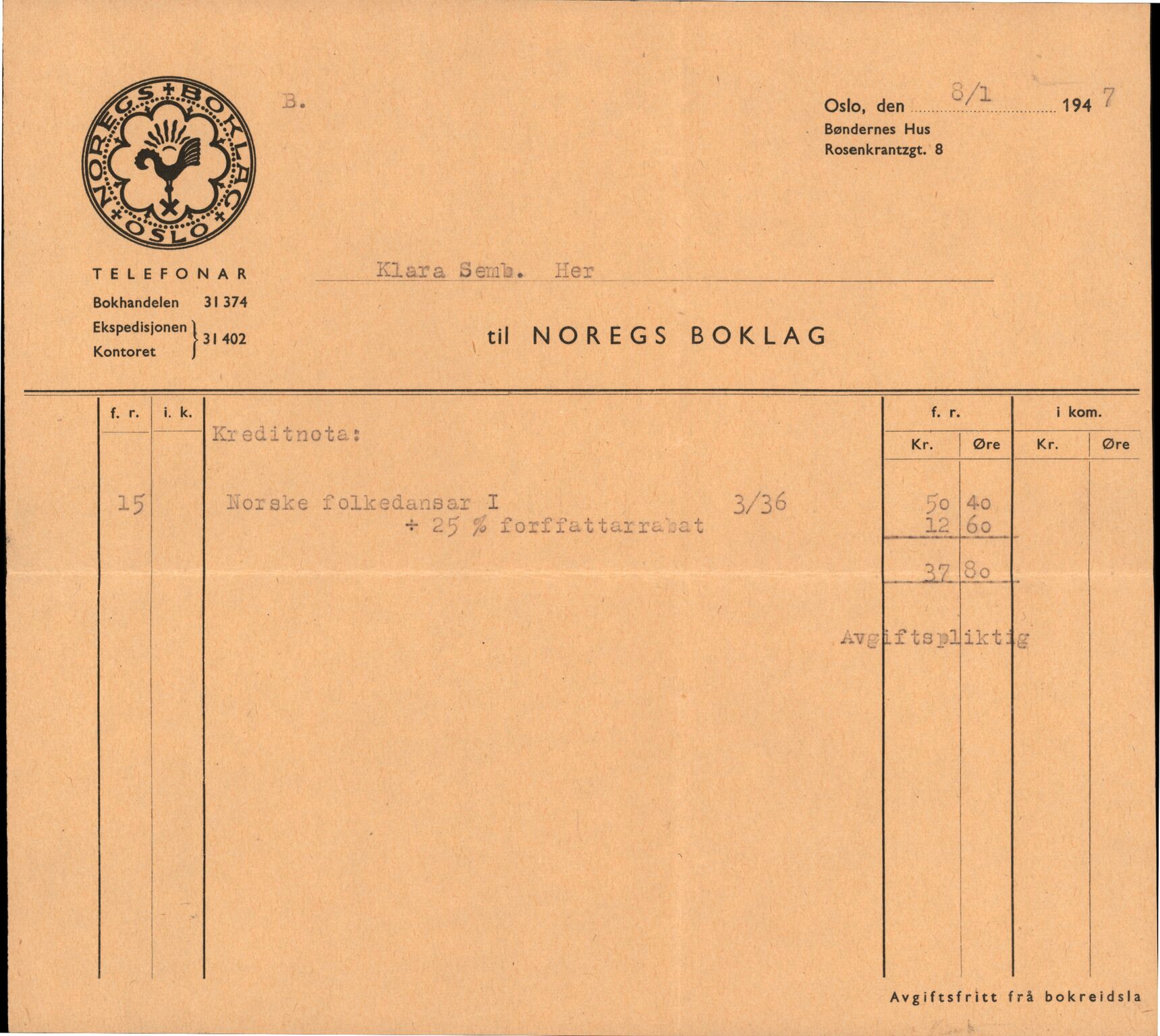 Samling etter Klara Semb, NSFF/KS/C/317: Kreditnotaer frå Noregs Boklag, 1947