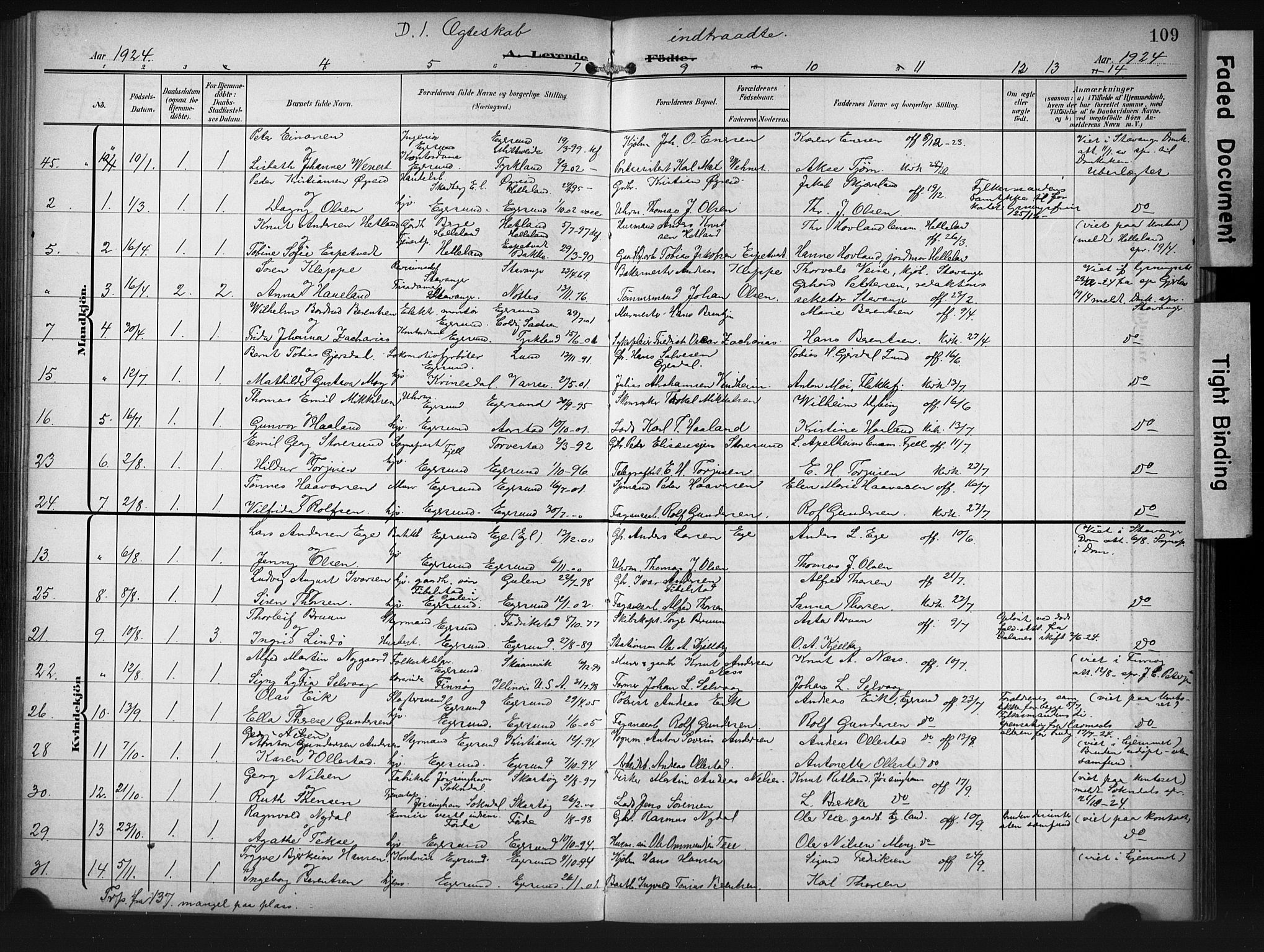 Eigersund sokneprestkontor, AV/SAST-A-101807/S09/L0012: Klokkerbok nr. B 12, 1908-1930, s. 109