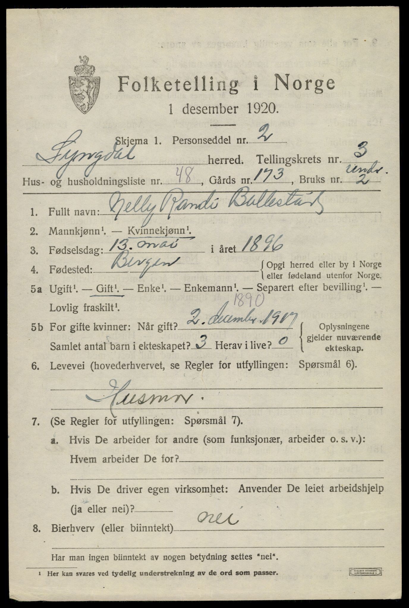 SAK, Folketelling 1920 for 1032 Lyngdal herred, 1920, s. 2303