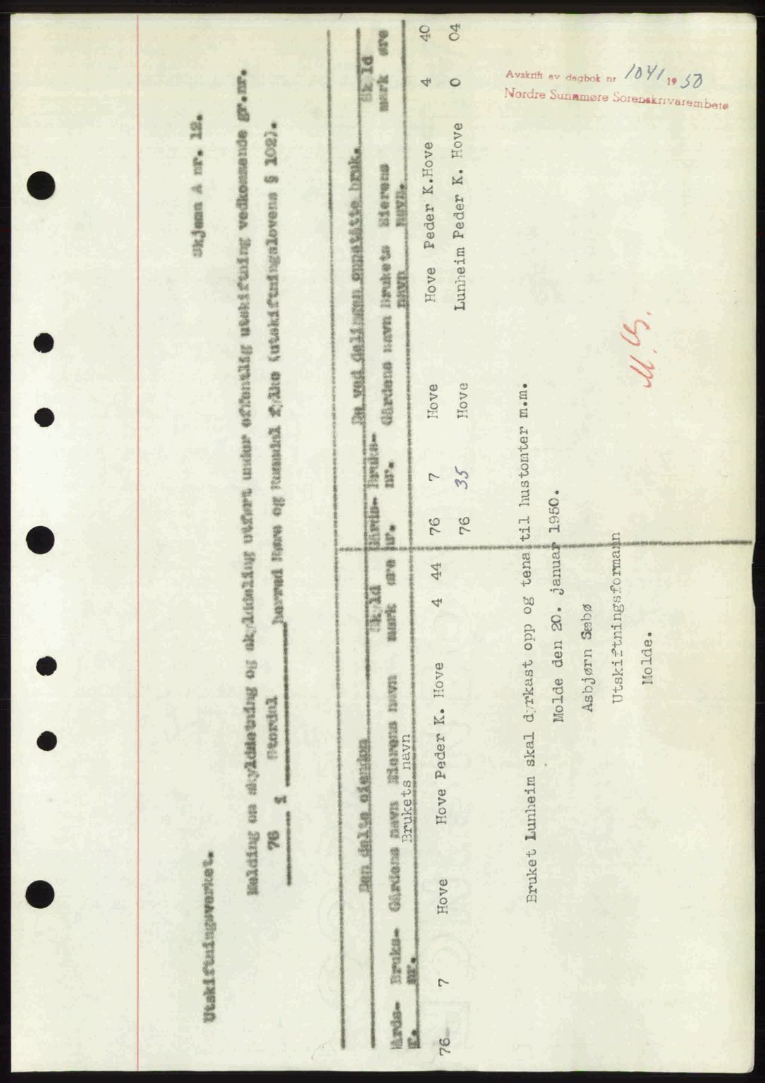 Nordre Sunnmøre sorenskriveri, SAT/A-0006/1/2/2C/2Ca: Pantebok nr. A34, 1950-1950, Dagboknr: 1041/1950