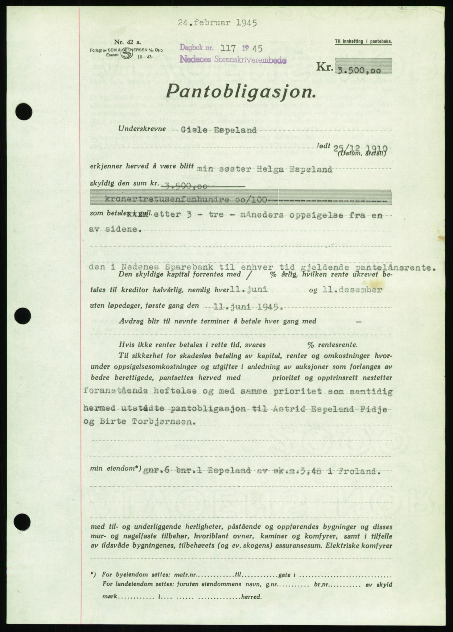 Nedenes sorenskriveri, SAK/1221-0006/G/Gb/Gbb/L0002: Pantebok nr. II, 1942-1945, Dagboknr: 117/1945