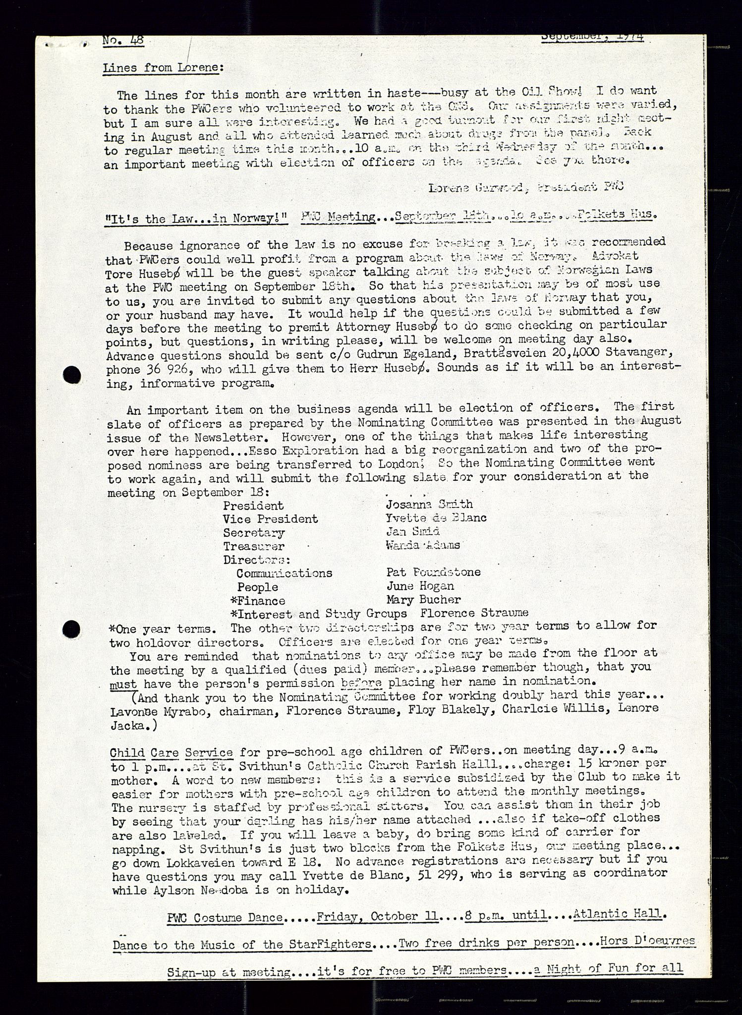 PA 1547 - Petroleum Wives Club, AV/SAST-A-101974/X/Xa/L0001: Newsletters (1971-1978)/radiointervjuer på kasett (1989-1992), 1970-1978