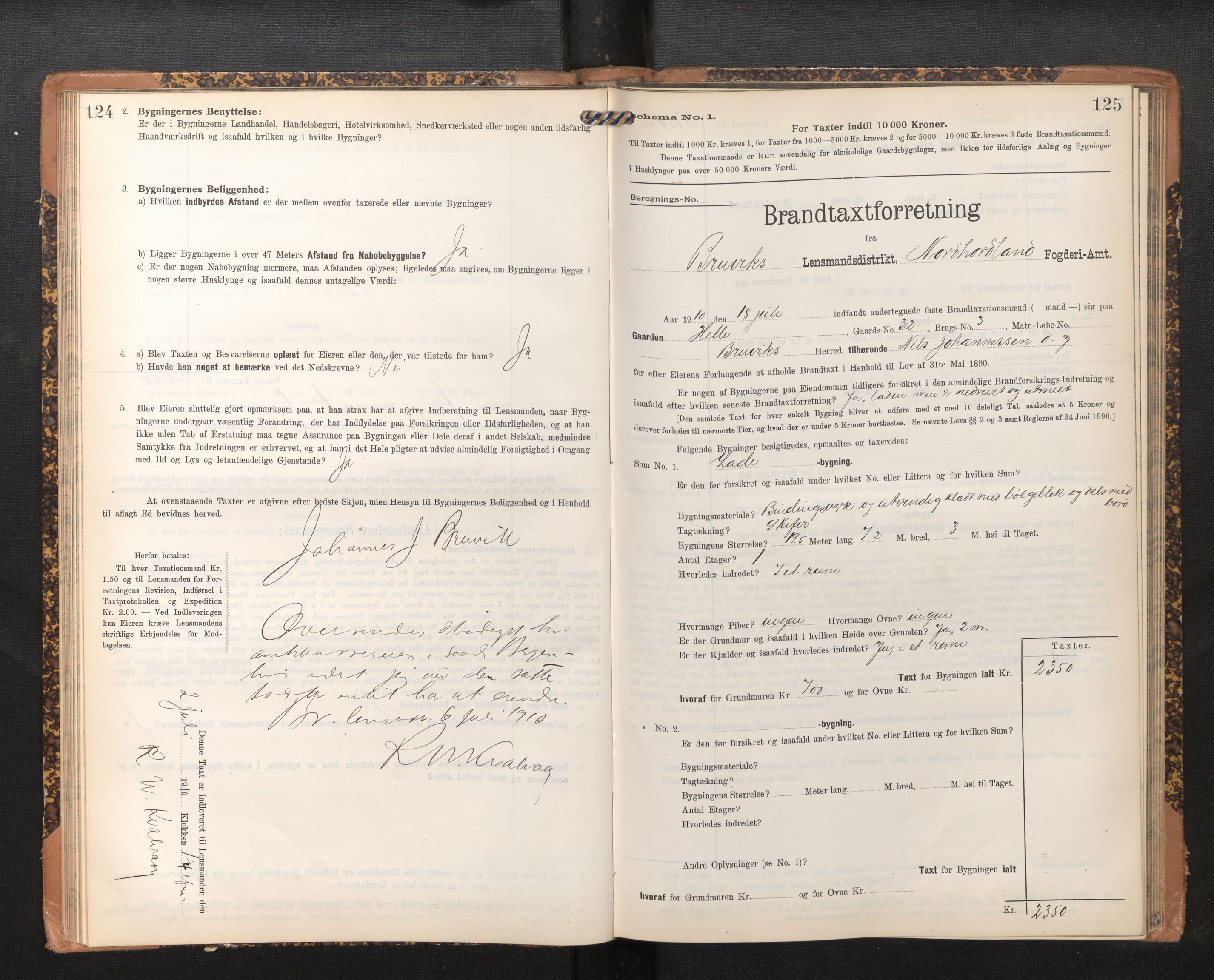 Lensmannen i Bruvik, AV/SAB-A-31301/0012/L0007: Branntakstprotokoll, skjematakst, 1906-1918, s. 124-125