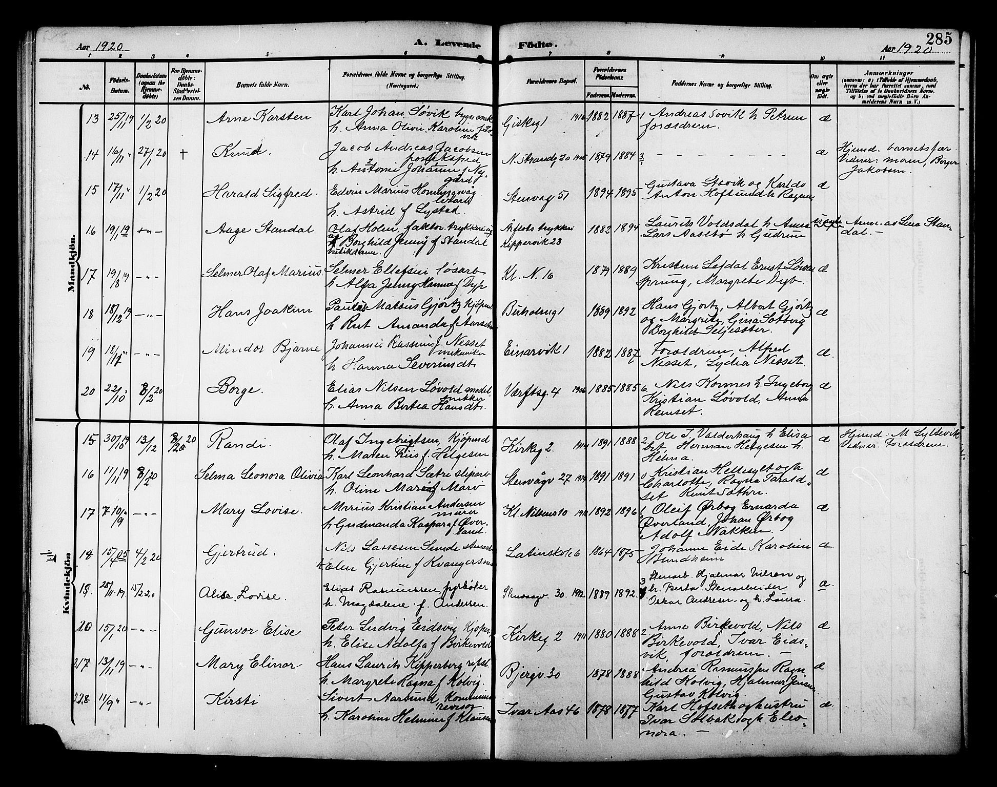 Ministerialprotokoller, klokkerbøker og fødselsregistre - Møre og Romsdal, AV/SAT-A-1454/529/L0471: Klokkerbok nr. 529C08, 1909-1921, s. 285