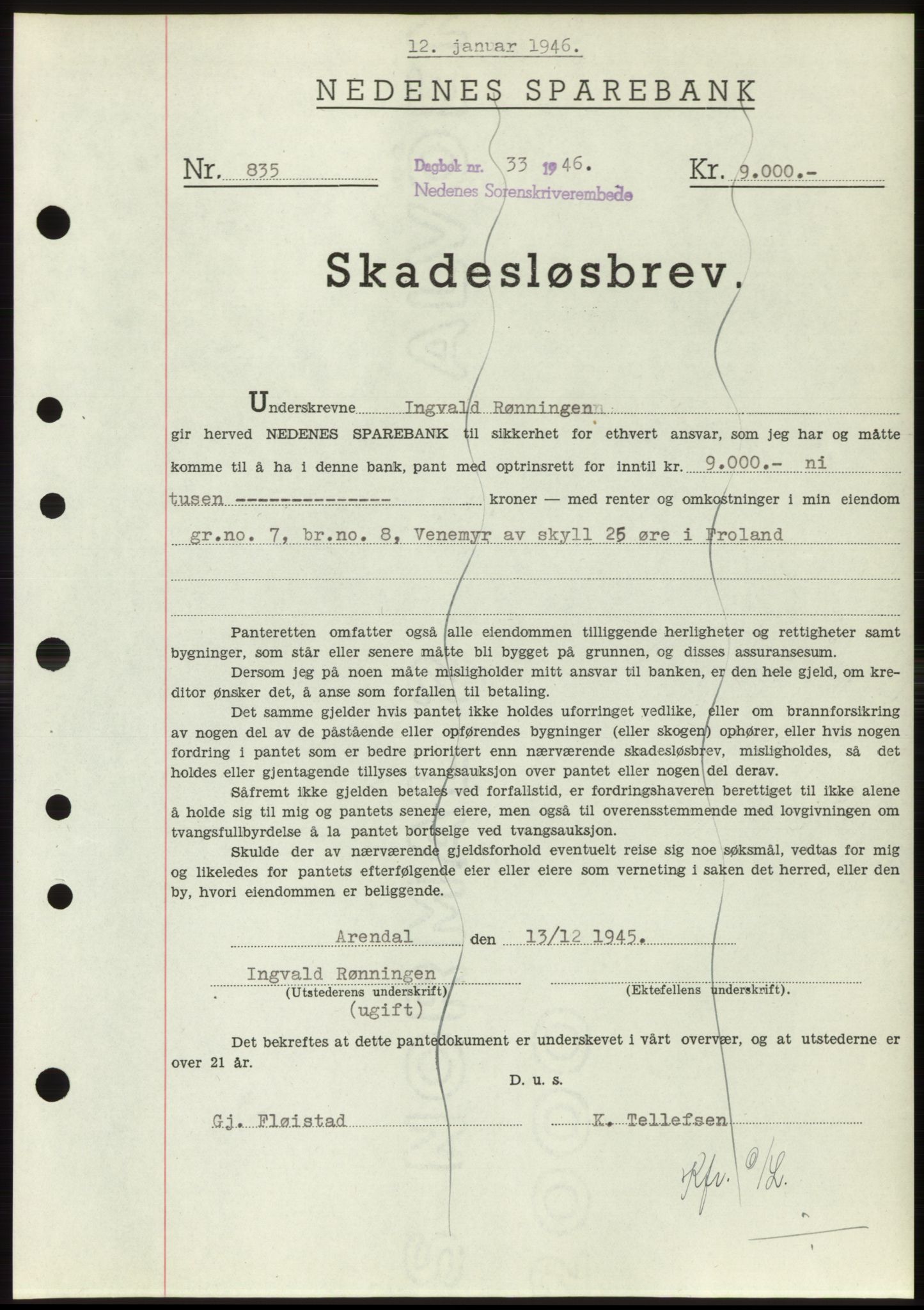Nedenes sorenskriveri, SAK/1221-0006/G/Gb/Gbb/L0003: Pantebok nr. B3b, 1946-1946, Dagboknr: 33/1946