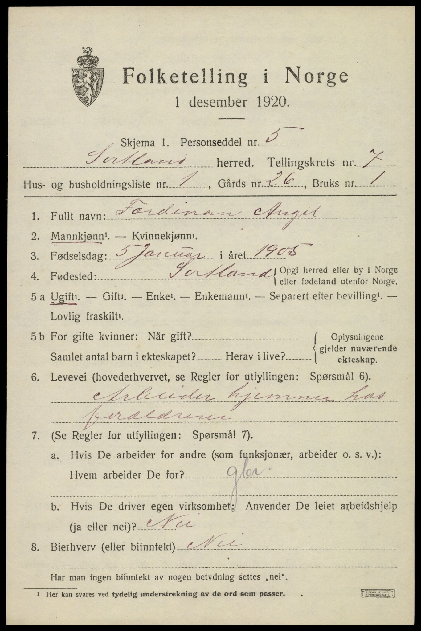 SAT, Folketelling 1920 for 1870 Sortland herred, 1920, s. 6542