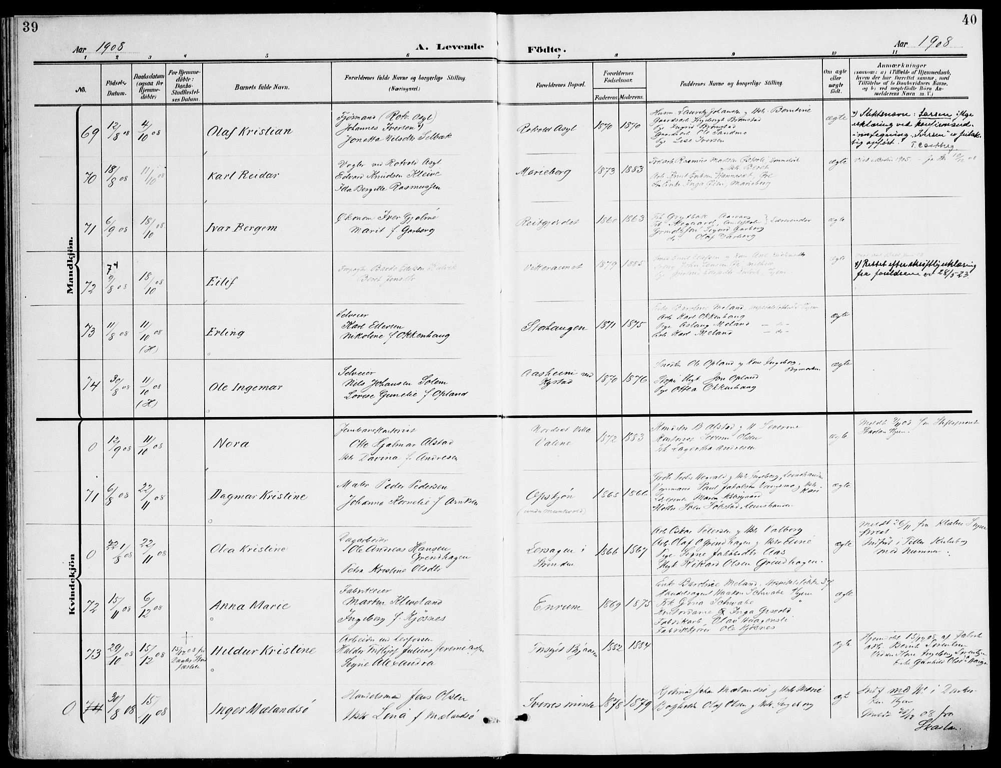 Ministerialprotokoller, klokkerbøker og fødselsregistre - Sør-Trøndelag, AV/SAT-A-1456/607/L0320: Ministerialbok nr. 607A04, 1907-1915, s. 39-40